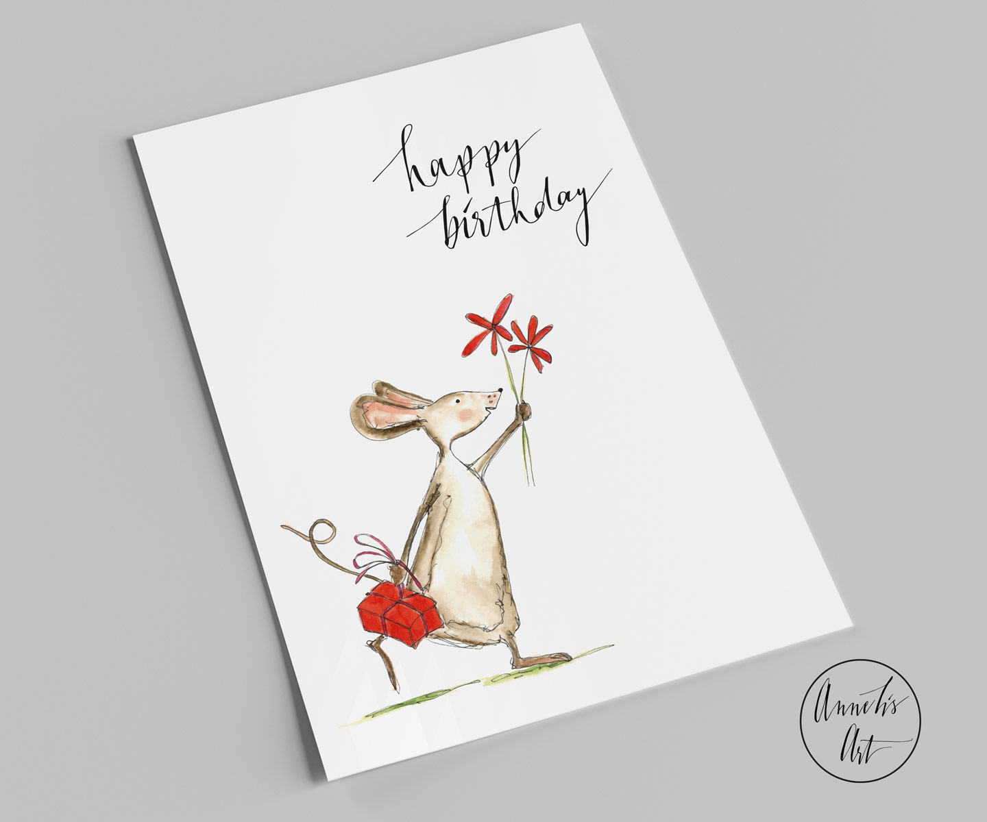 Postkarte | Geburtstagskarte | happy birthday | Maus mit Geschenk und Blumen