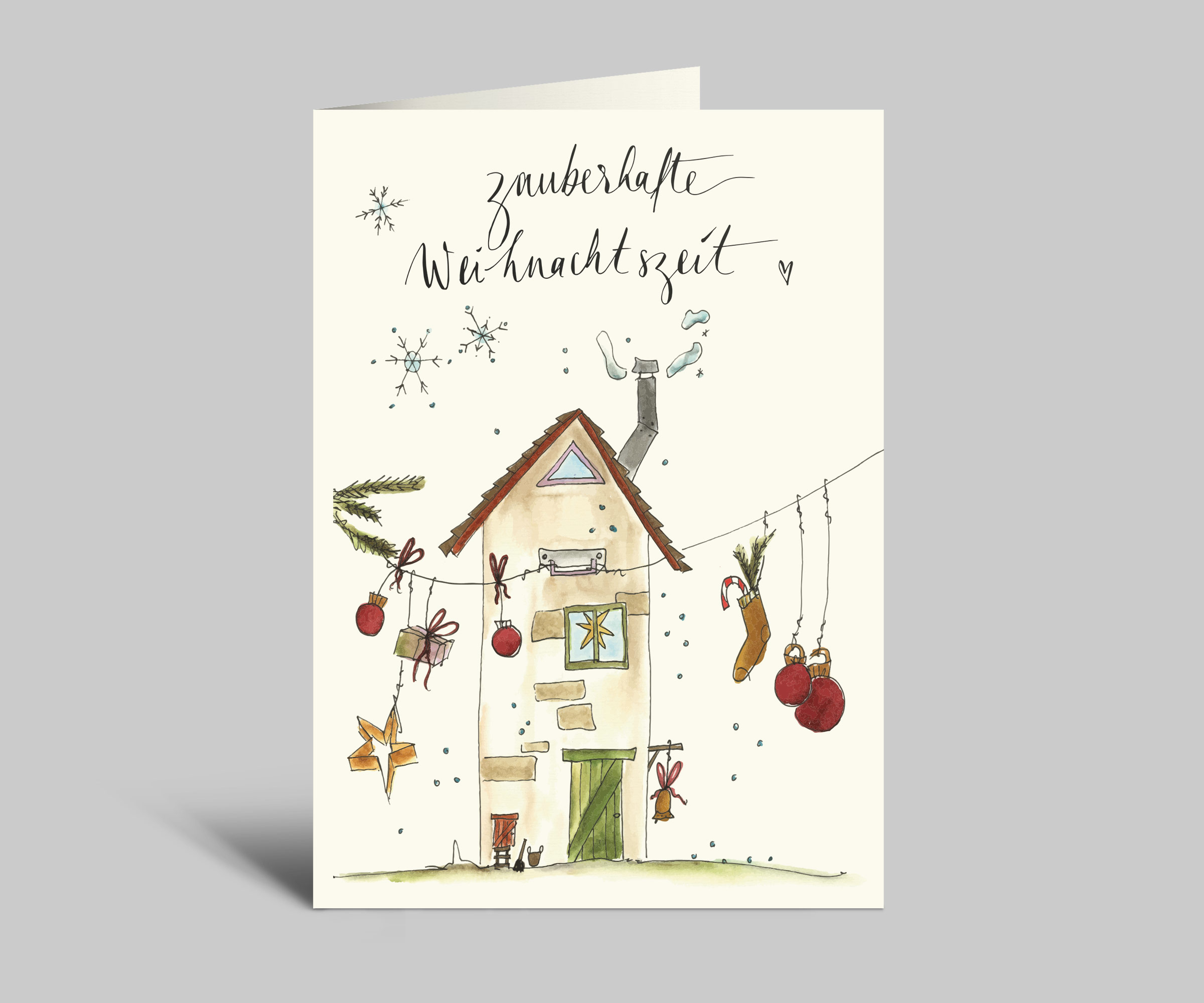 Zauberhafte Adventszeit | Weihnachtskarte | gemütliches Haus und Weihnachtsdeko | Klappkarte A6