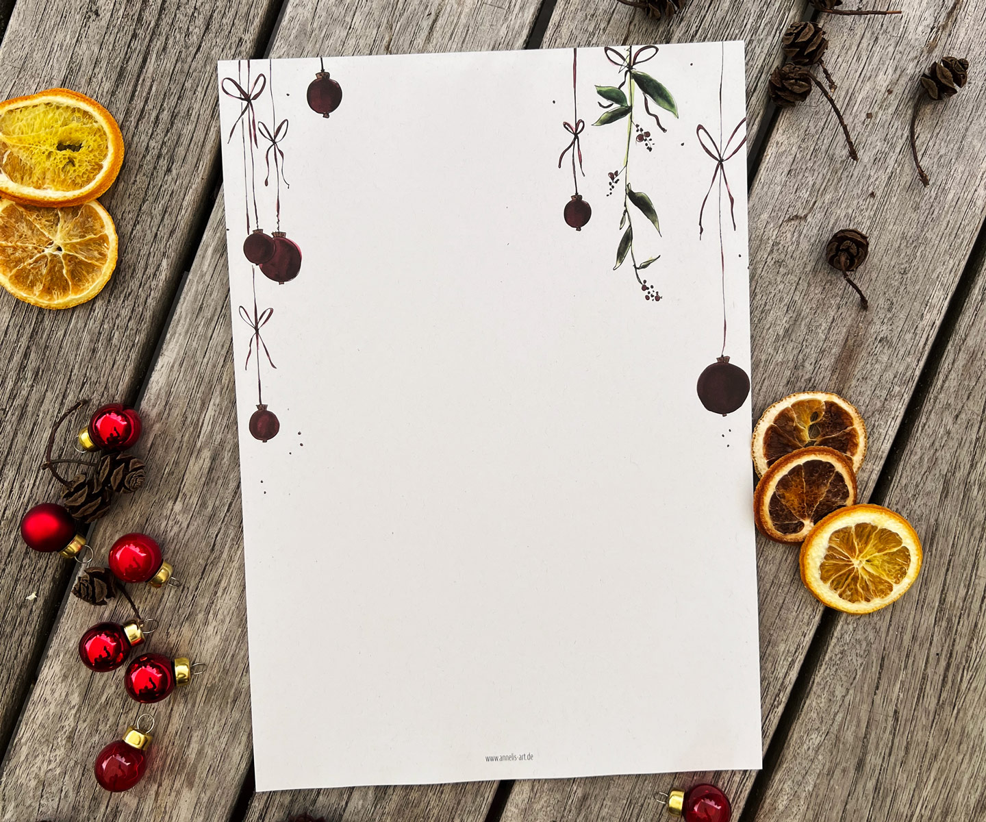 Briefpapier zu Weihnachten "Rote Kugeln" | DIN A4  25 Blatt auf hochwertigem Recycling-Papier