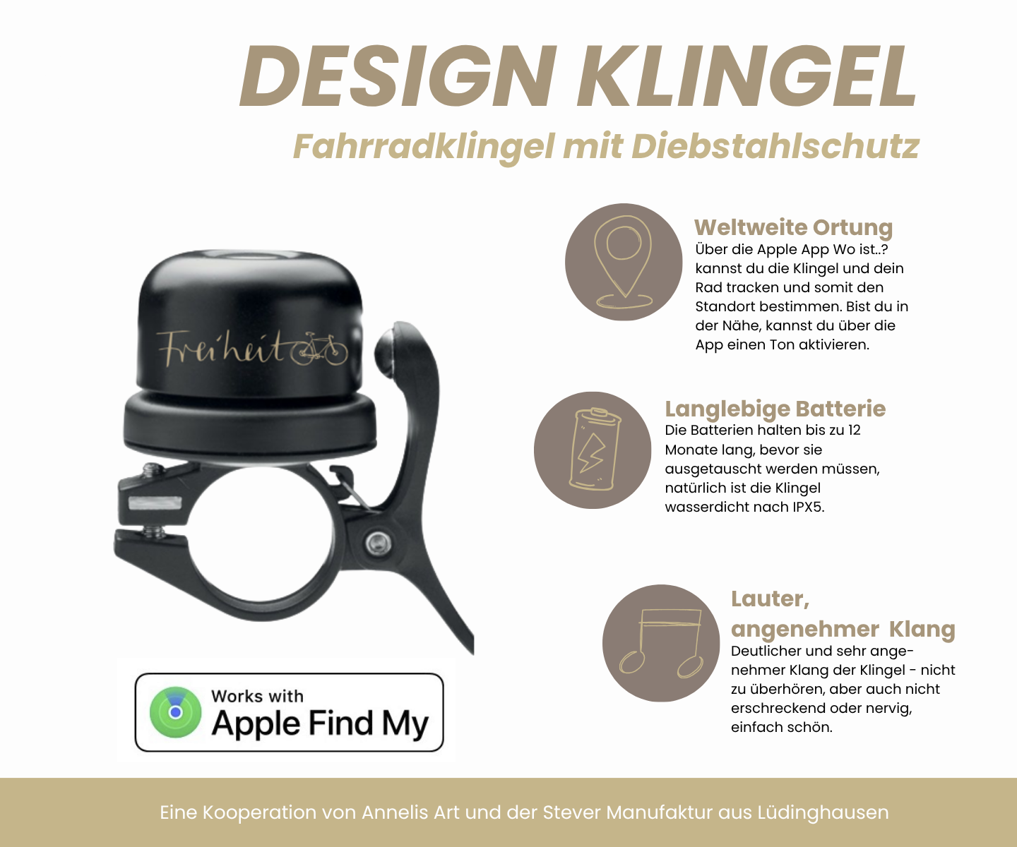 Laute Fahrradklingel mit Tracker für "Apple Wo ist?" mit besonderem Design