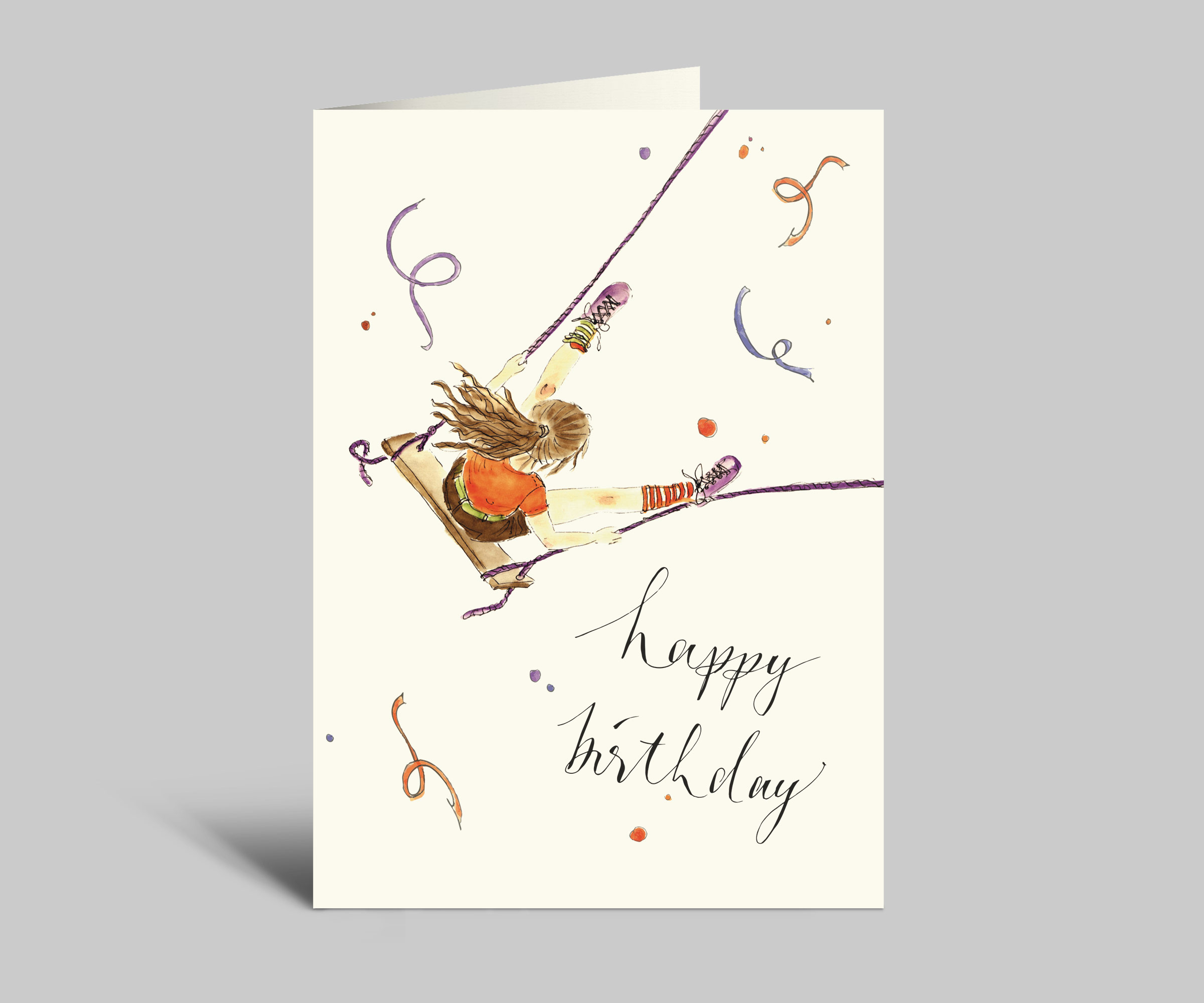 Geburtstagskarte NEUAUFLAGE | Mädchen macht Überschlag auf der Schaukel | Happy Birthday | Klappkarte mit Umschlag