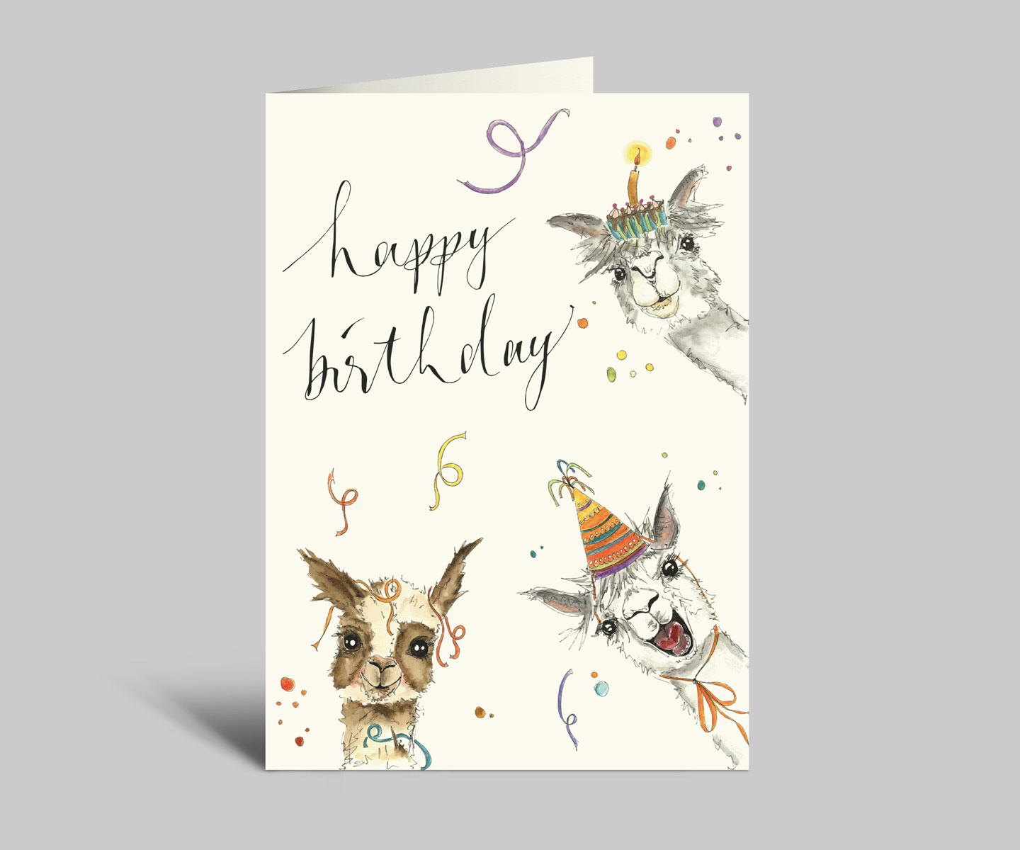 Geburtstagskarte | Süße Alpaka Party | happy birthday | drei Alpakas mit Hüten und Konfetti | Klappkarte mit Umschlag
