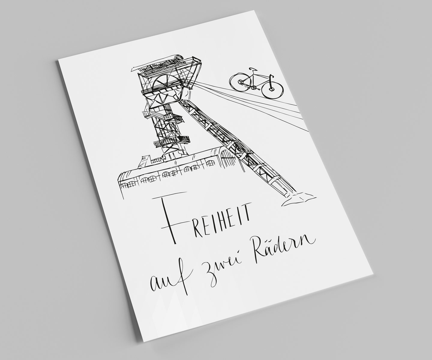 Postkarte zum Weitermalen | Pottradeln | Die Freiheit auf zwei Rädern | Ruhrgebiet Rennradkarte | Förderturm