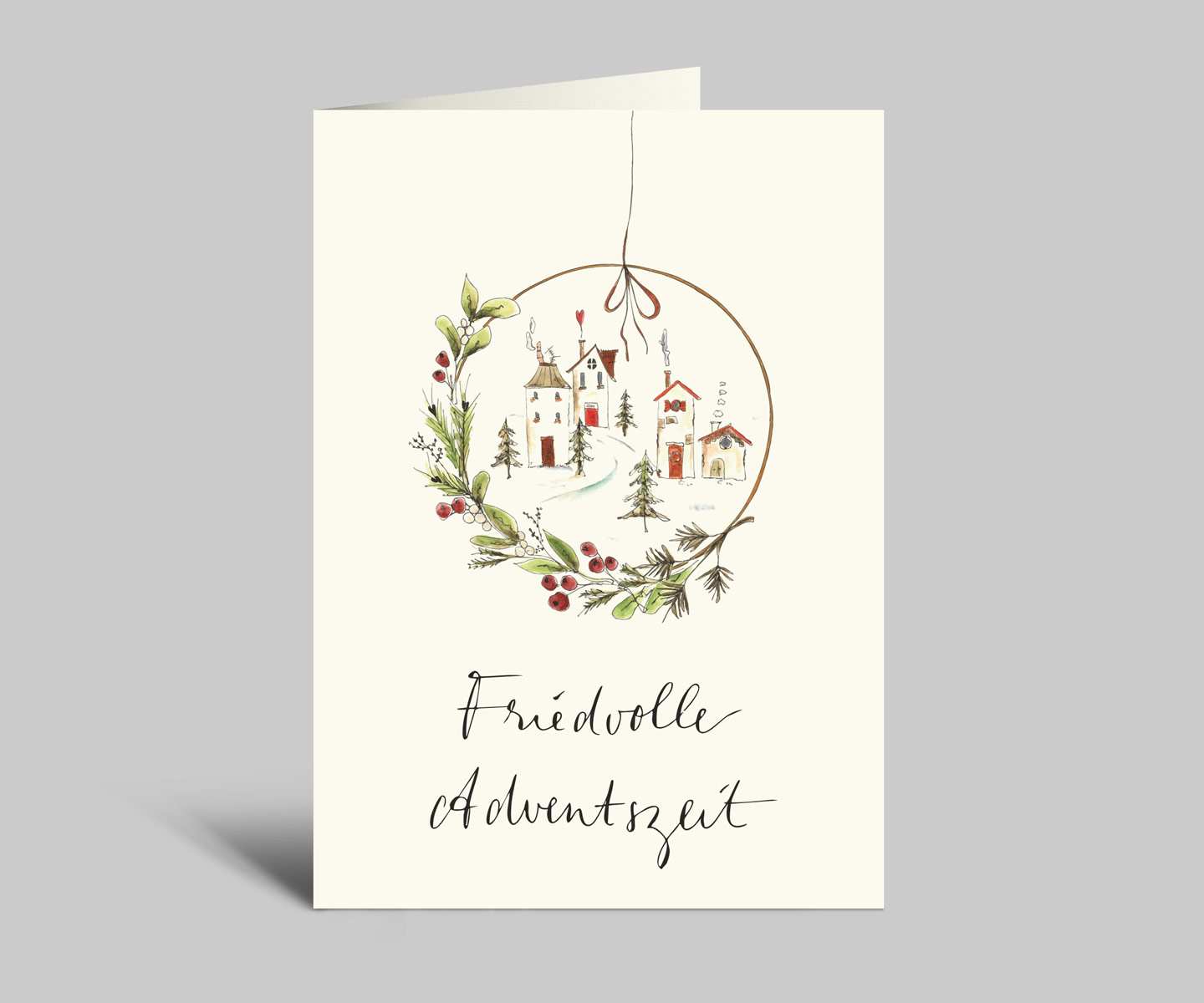 Weihnachtskarte | Friedvolle Adventszeit | Kranz und verschneite Häuser | mit Umschlag