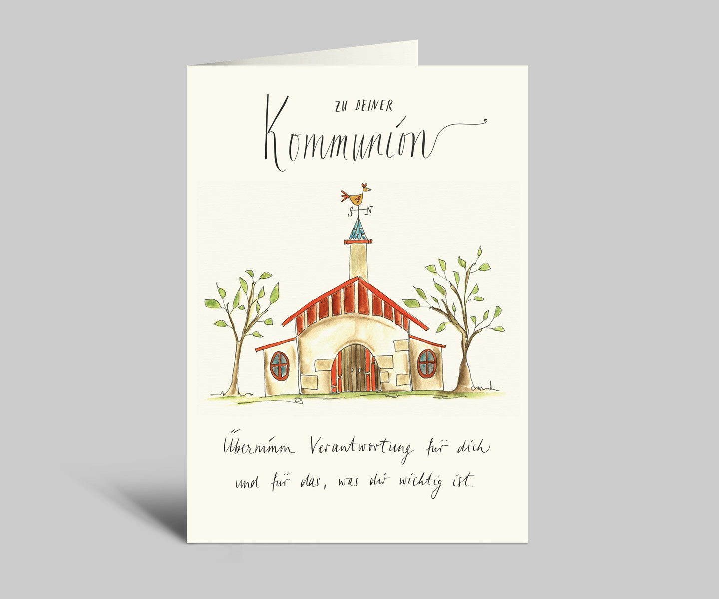 Karte zur Kommunion | Bunte Kirche | Zu deiner Kommunion | Übernimm Verantwortung für dich und das was dir wichtig ist | Aquarellkarte mit Umschlag