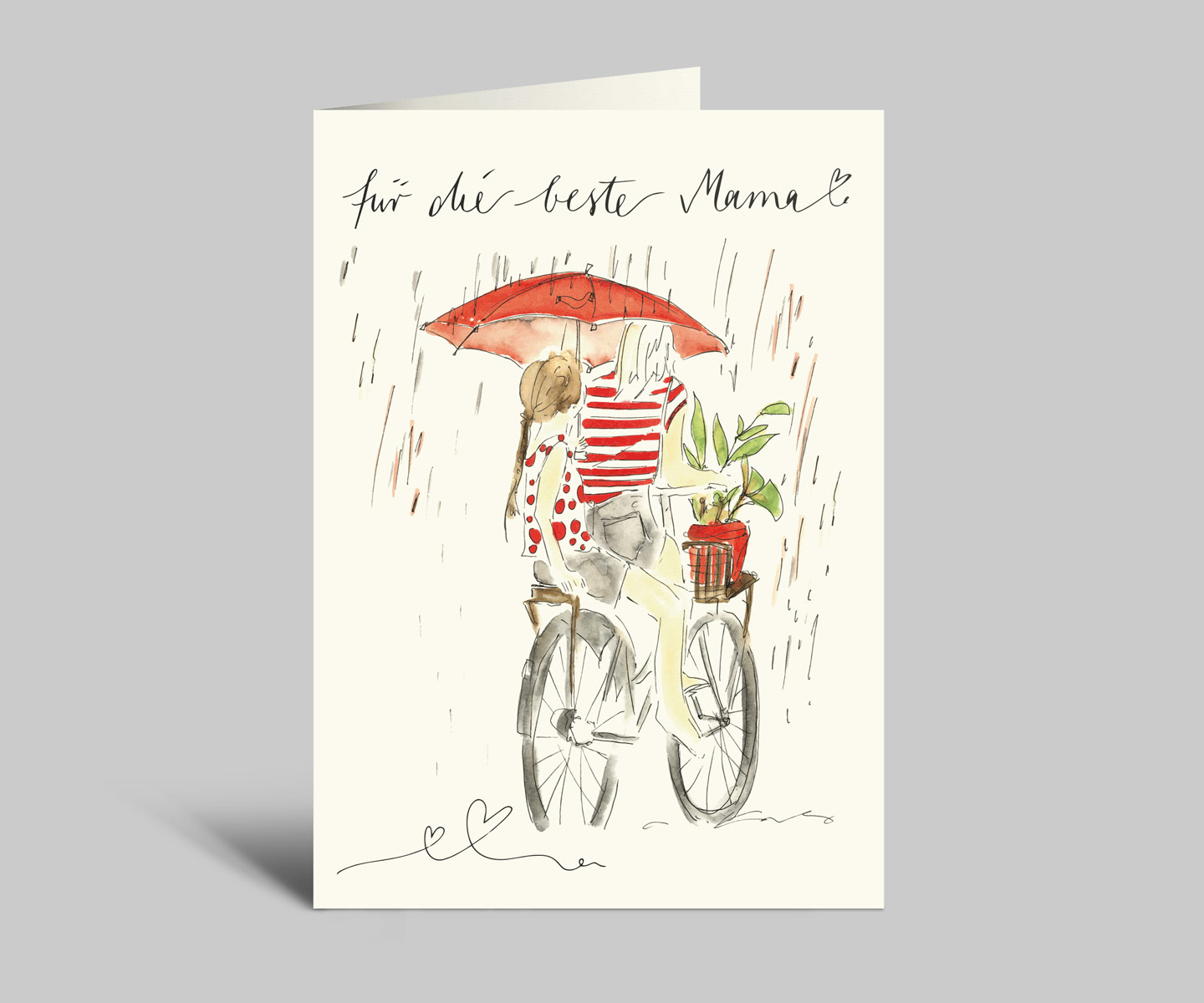 Muttertagskarte | Für die beste Mama | Mama und Tochter fahren Fahrrad durch den Regen | Klappkarte mit Umschlag