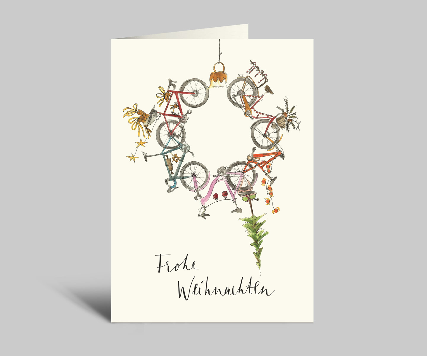 Fahrrad-Weihnachtskarte | Fahrräder mit Weihnachtsdeko und Geschenken | Frohe Weihnachten | Klappkarte mit Umschlag