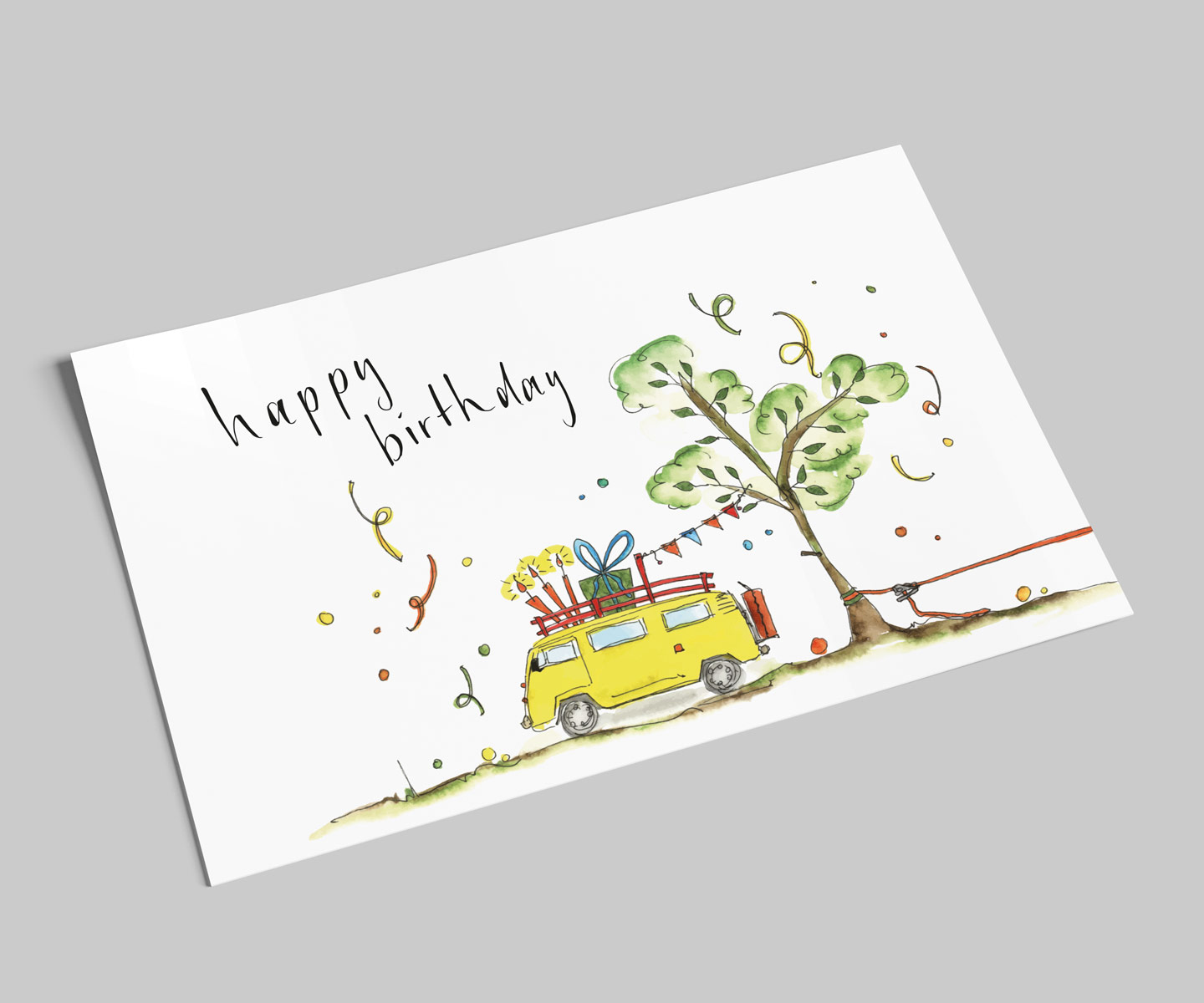 Geburtstagskarte mit gelben Bulli und Slackline "Happy Birthday" DIN A6