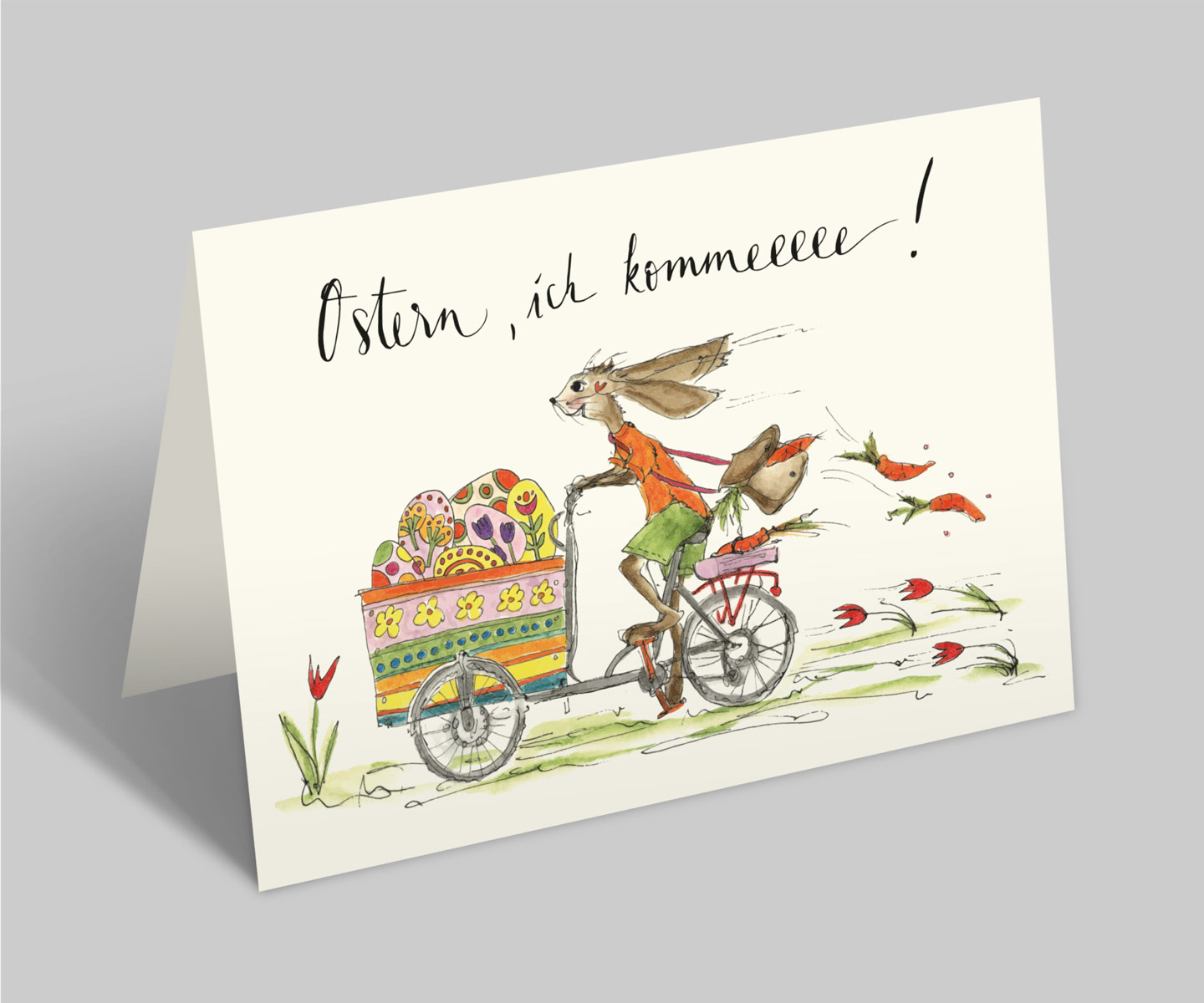 Osterkarte | Süßer Hase auf Fahrrad beladen mit Ostereiern | Ostern ich komeeee! | Klappkarte mit Umschlag