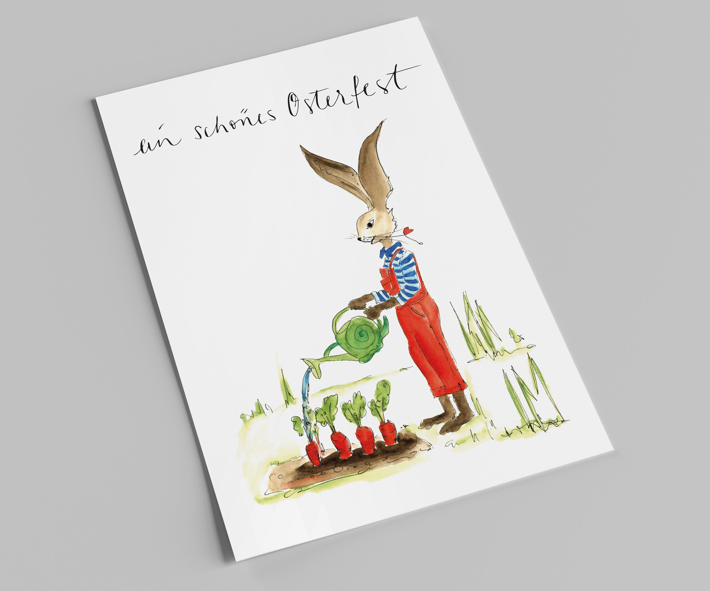 Osterkarte | Osterhase gießt seinen Garten | Möhrenfeld | Ein schönes Osterfest