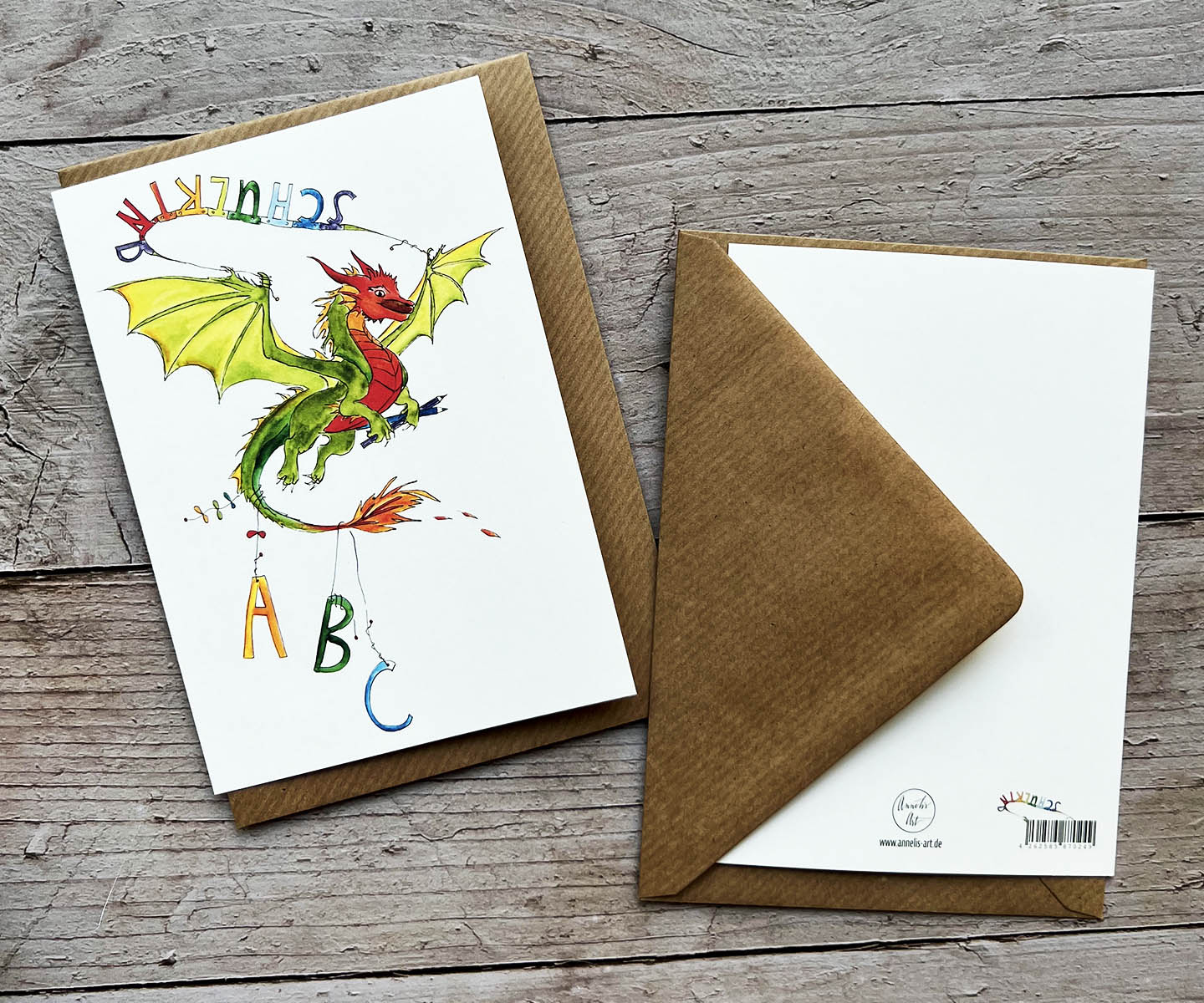 Klappkarte zur Einschulung | mächtiger bunter Drache | Schulkind | Einschulungskarte mit Umschlag