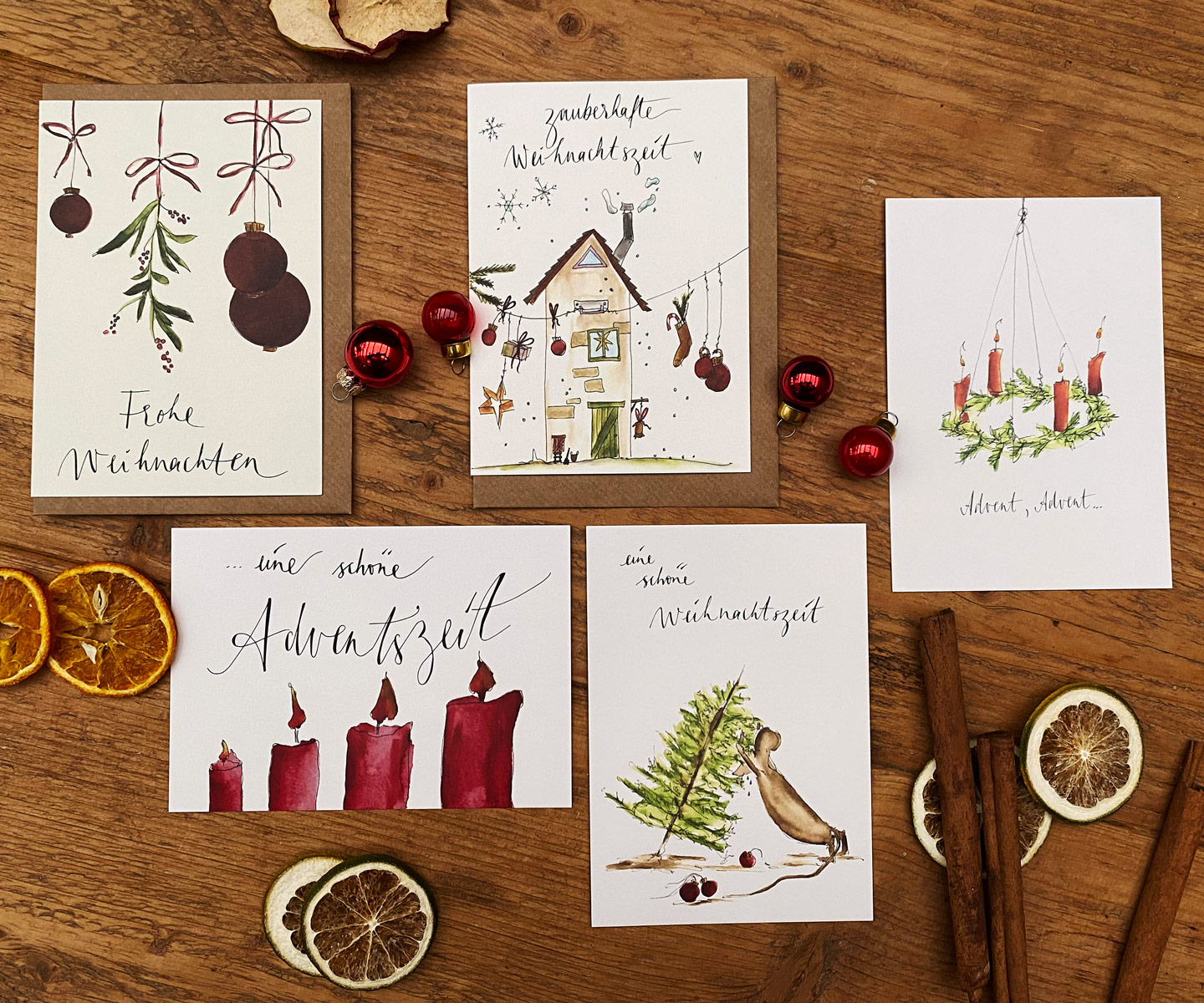 Weihnachtskarten 5er Set | Aquarell-Karten zur Weihnachtszeit | Frohe Adventszeit | Schöne Weihnachtszeit | verschiedene Motive und Formate