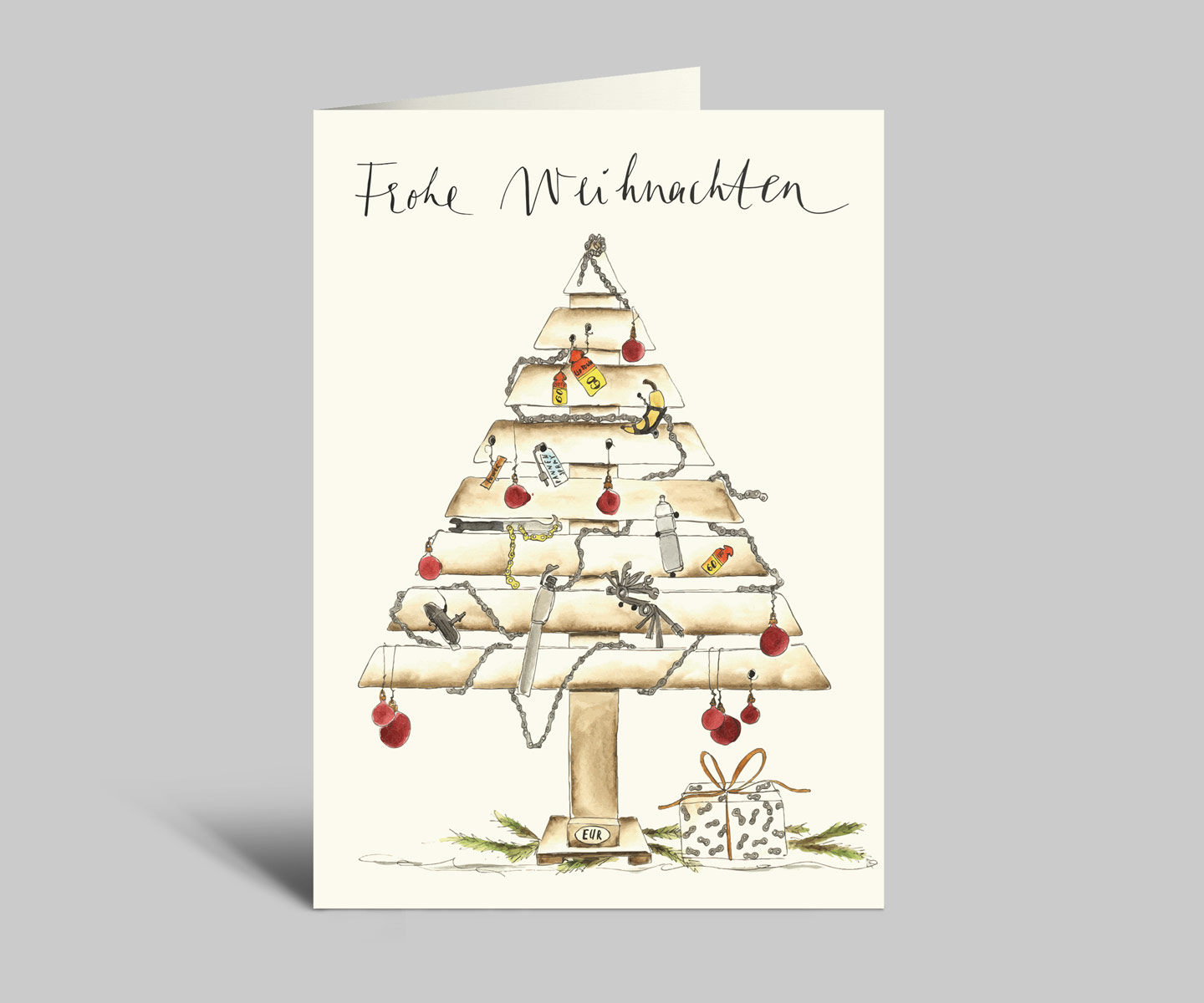 Fahrrad-Weihnachtskarte | Paletten-Weihnachtsbaum mit Fahrradutensilien | Frohe Weihnachten | Klappkarte mit Umschlag