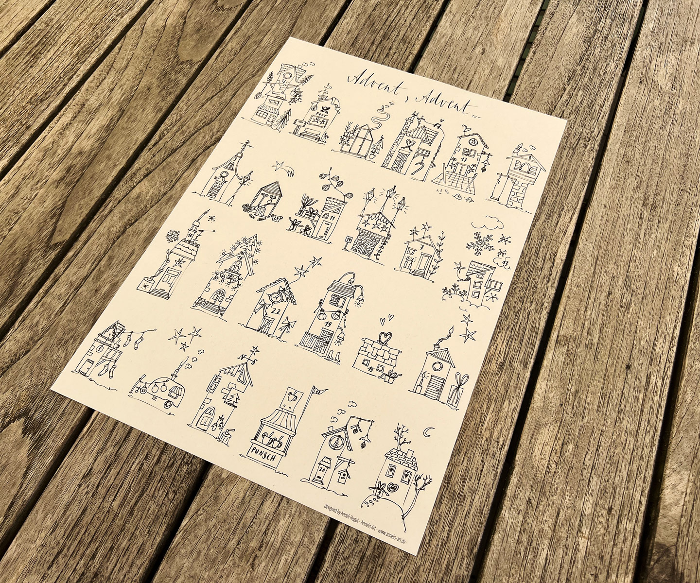Adventskalender zum Ausmalen | 24 Häuschen bis Weihnachten | hochwertiger Druck |  30 x 40 cm