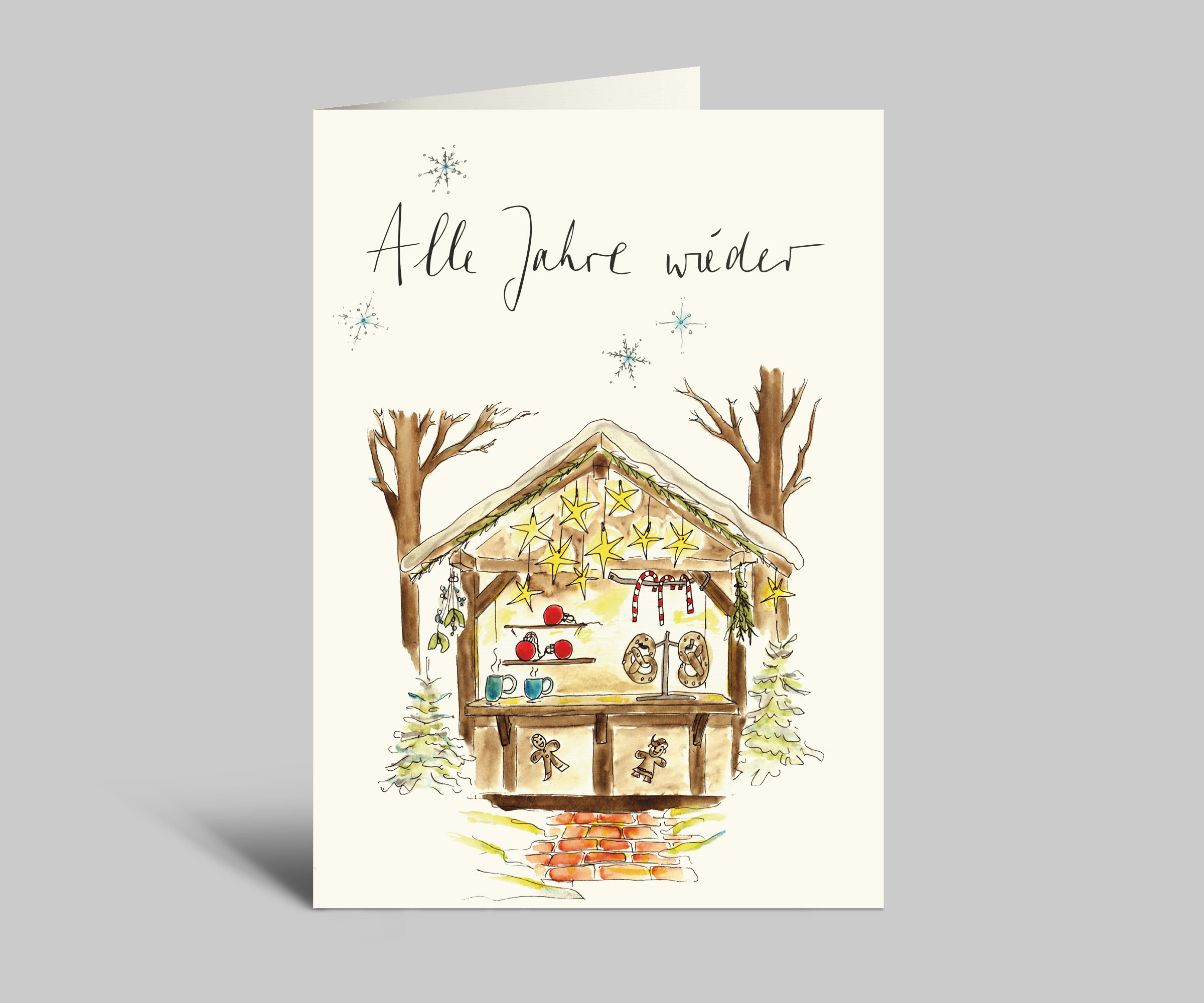 Weihnachtskarte | Weihnachtsmarktstand | Romantischer Weihnachtsmarkt |  Alle Jahre wieder | Aquarellkarte mit Umschlag