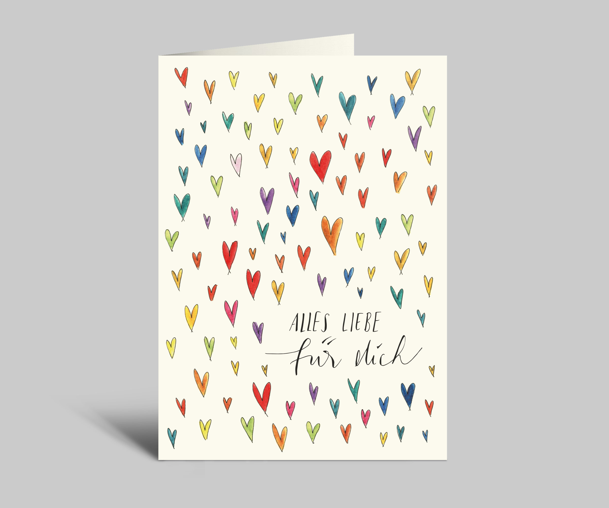 Geburtstagskarte| Alles liebe für dich | ganz viele bunte Herzen | Klappkarte mit Umschlag