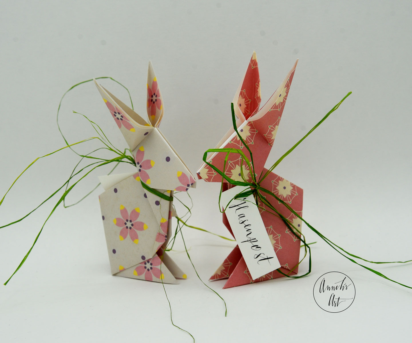 Rosafarbene Origami-Osterhasen | 2er-Set | 15 cm | Frühlingsgrüße