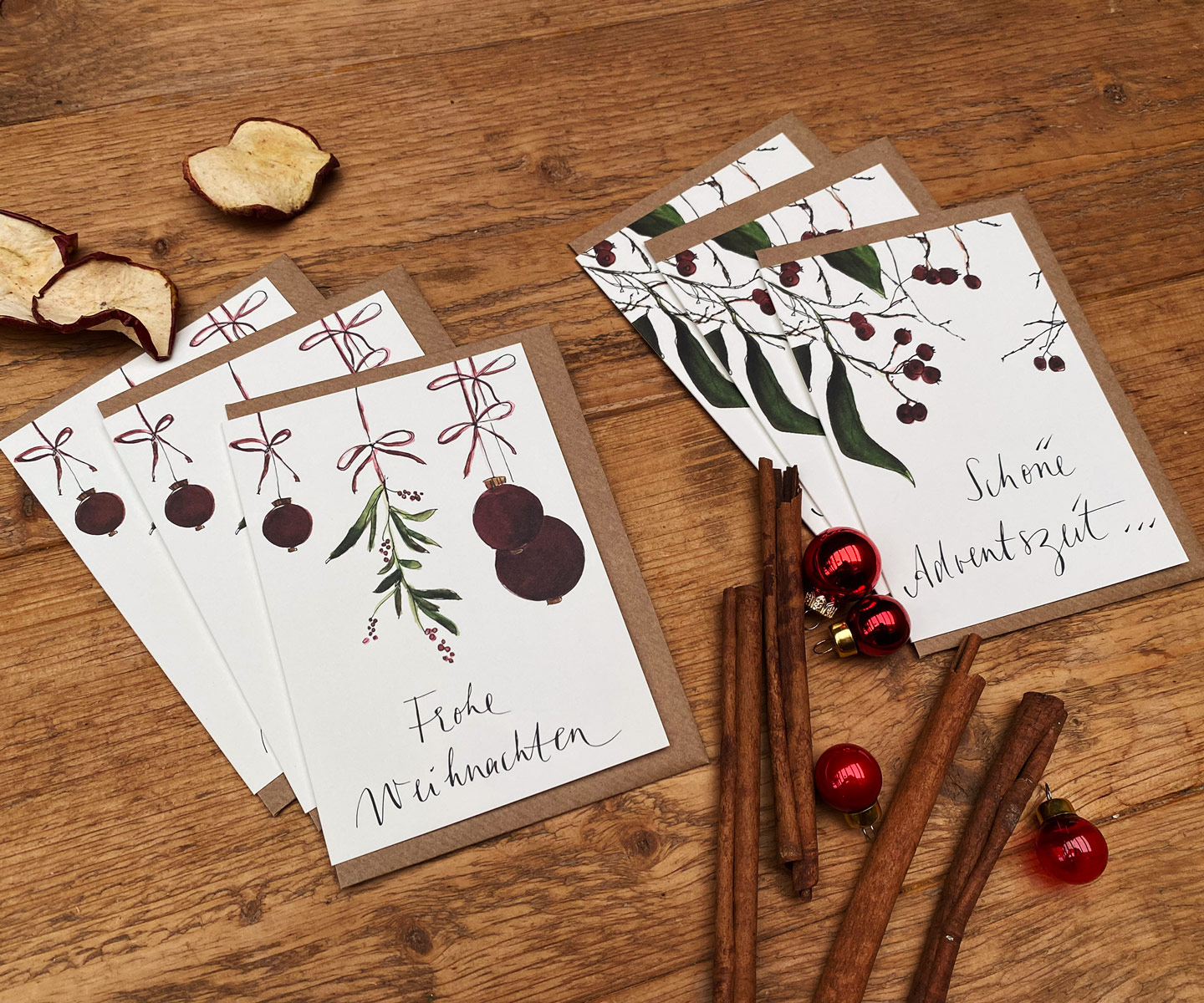 Weihnachtskarten Vorteilspack | Weinrote Weihnachtsgrüße | 3 x Frohe Weihnachten - UND 3 x Schöne Weihnachtszeit | Klappkarten mit Umschlag