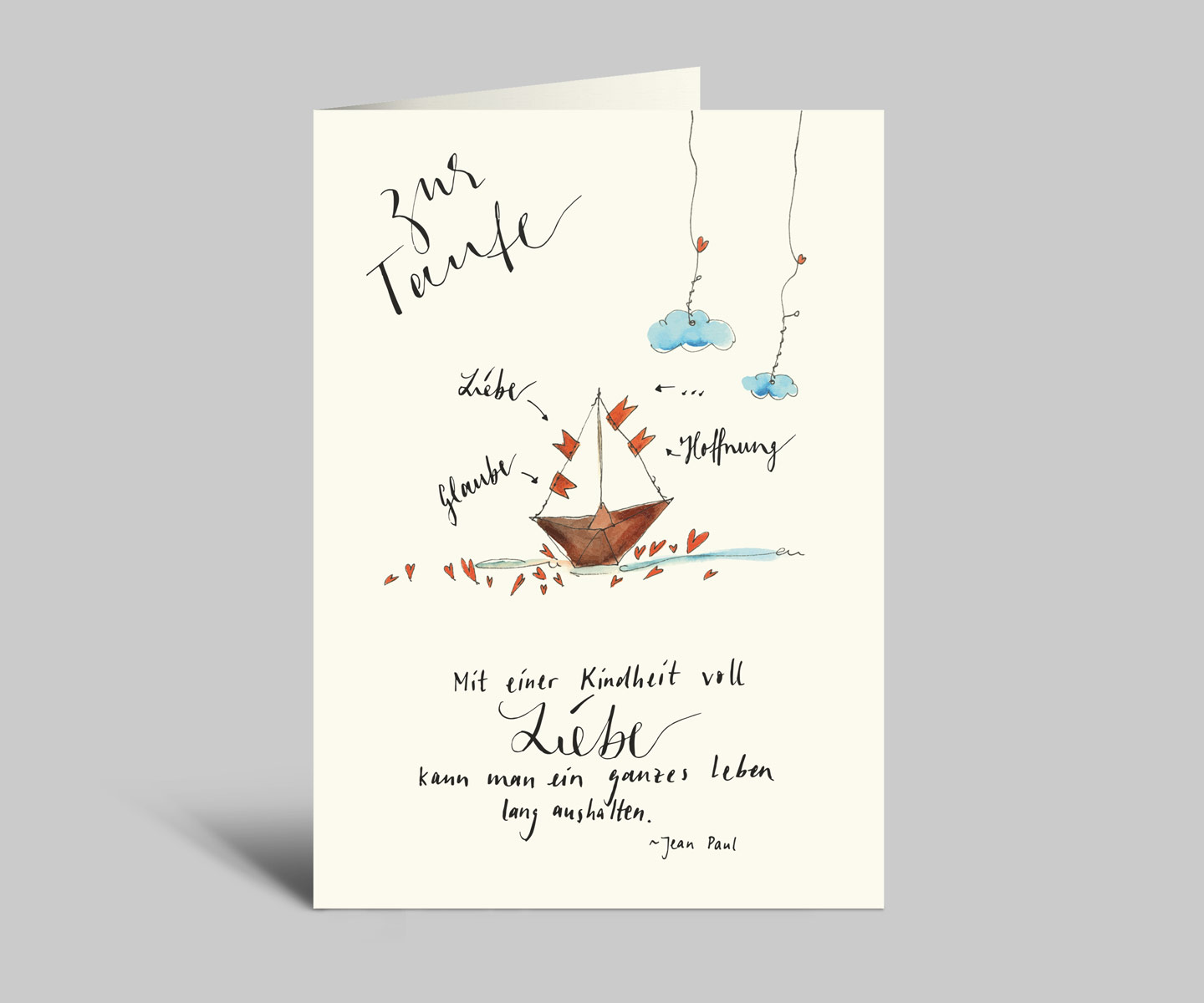 Aquarell Taufkarte | Boot und Wolken | Zur Taufe | Mit einer Kindheit voll Liebe, kann man ein ganzes Leben aushalten