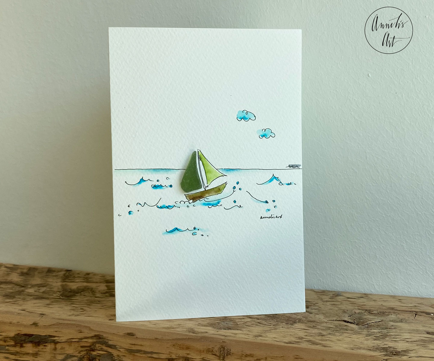 Meerglas Grußkarte | Grünes Segelboot | DIN A6 Karte