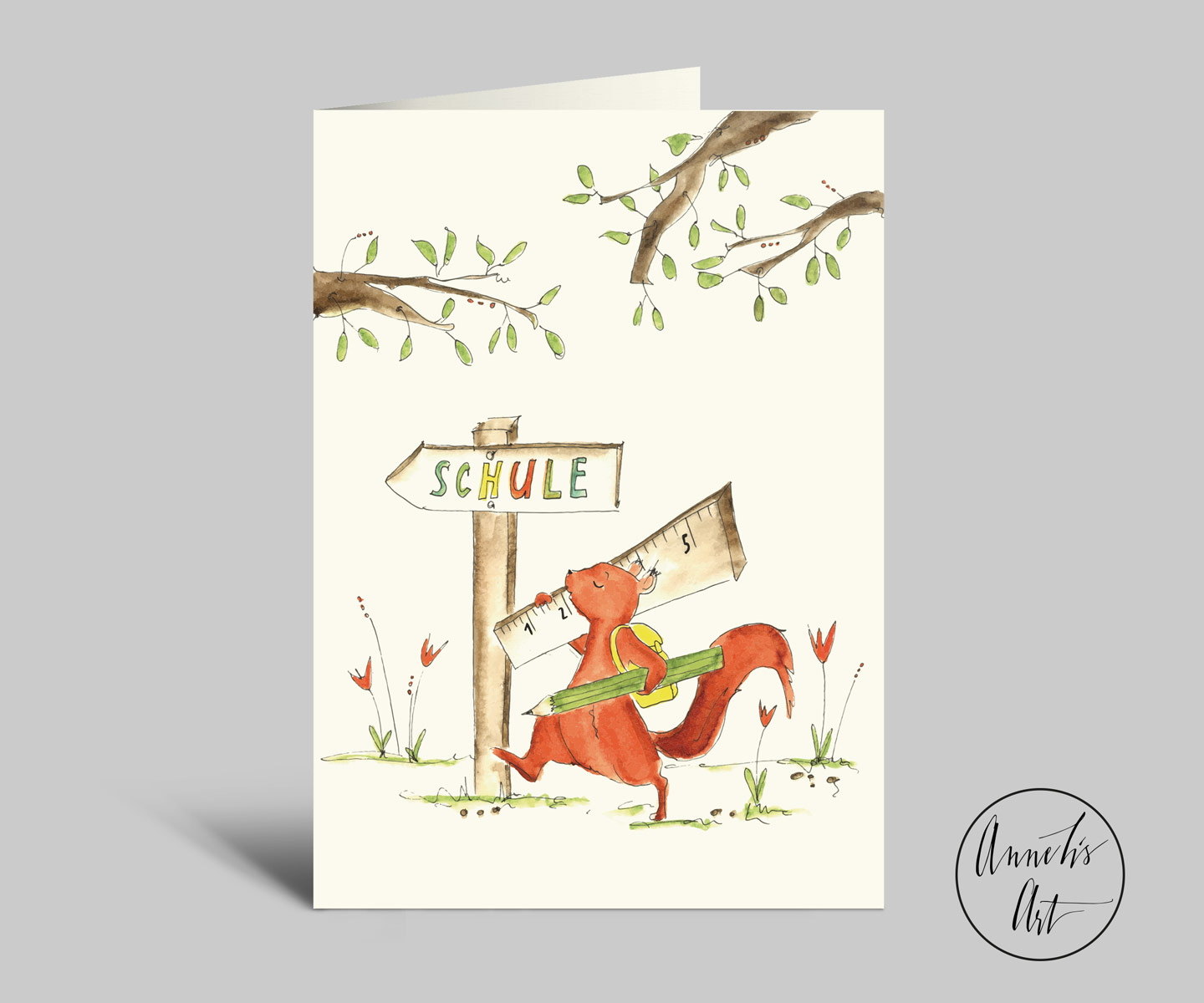 Süße Einschulungskarte mit Eichhörnchen auf dem Weg ins Abenteuer Schule | Klappkarte