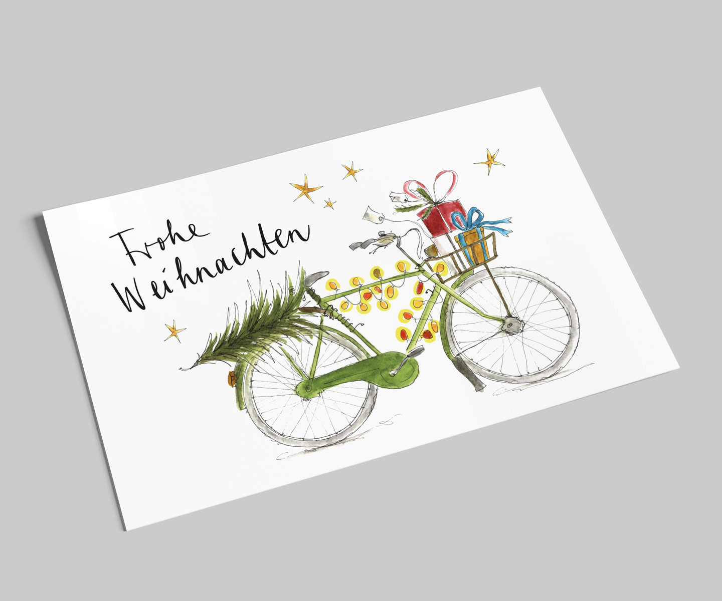Fahrrad-Weihnachtskarte | Frohe Weihnachten | weihnachtlich beladenes Fahrrad | Tannenbaum und Geschenke