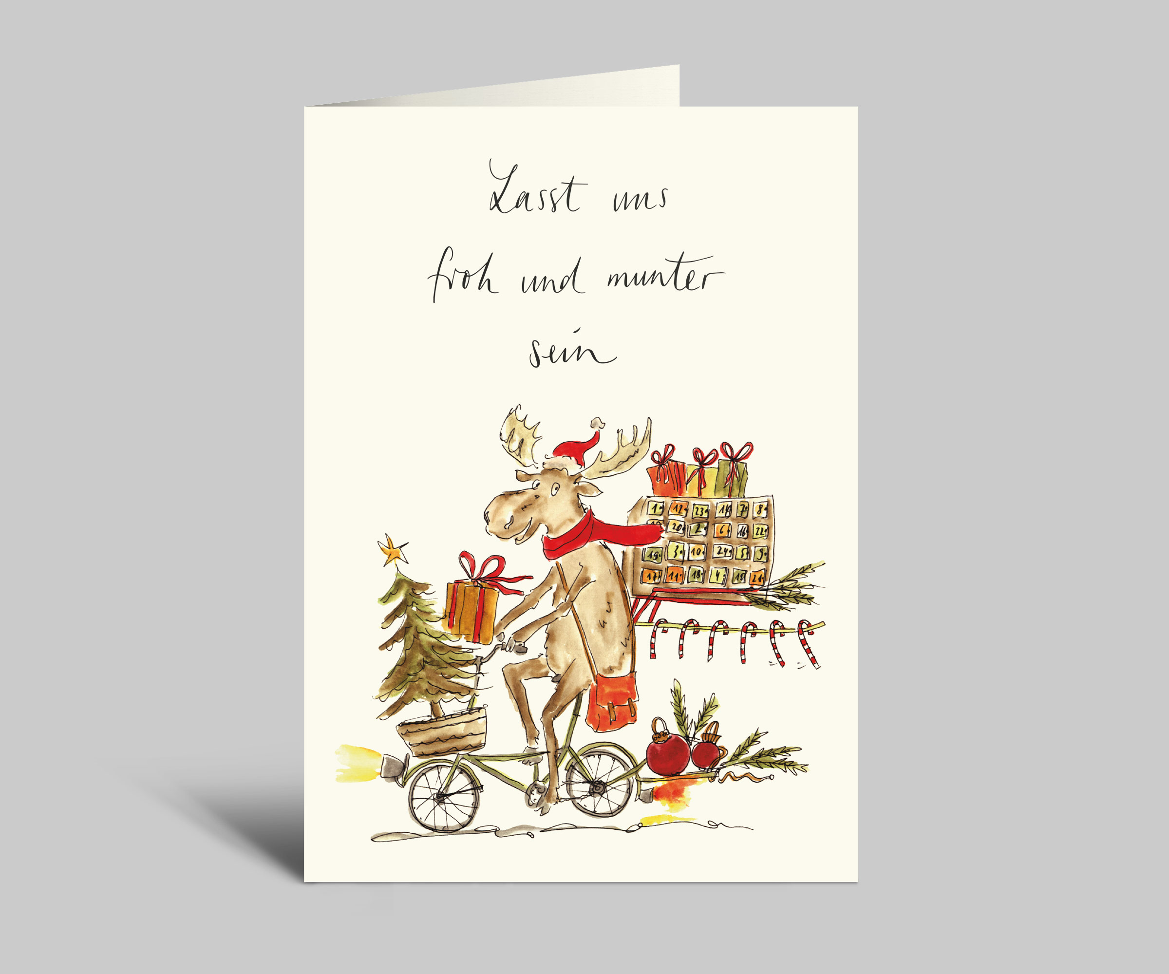 Weihnachtskarte | Elch auf Fahrrad mit Geschenken | Lasst uns froh und munter sein | Lustige Aquarellkarte mit Umschlag