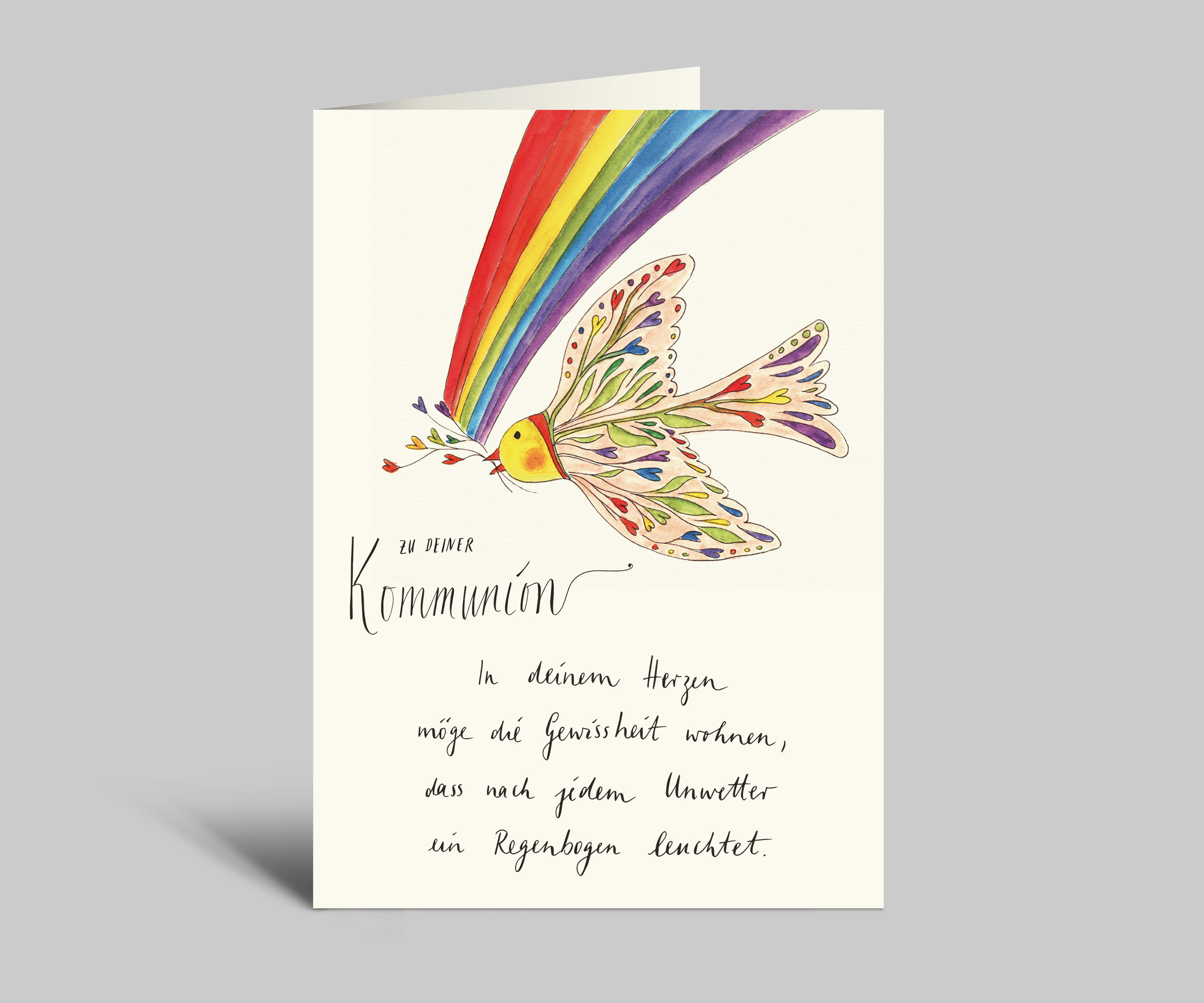 Karte zur Kommunion | bunte Taube mit Regenbogen |  Zu deiner Kommunion | In deinem Herz möge die Gewissheit wohnen, dass nach jedem Unwetter ein Regenbogen leuchtet
