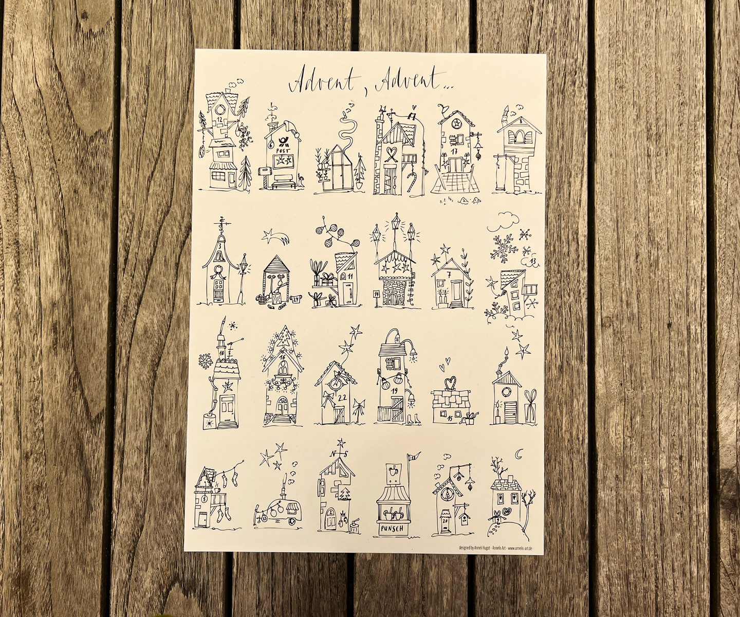 Adventskalender zum Ausmalen | 24 Häuschen bis Weihnachten | hochwertiger Druck |  30 x 40 cm