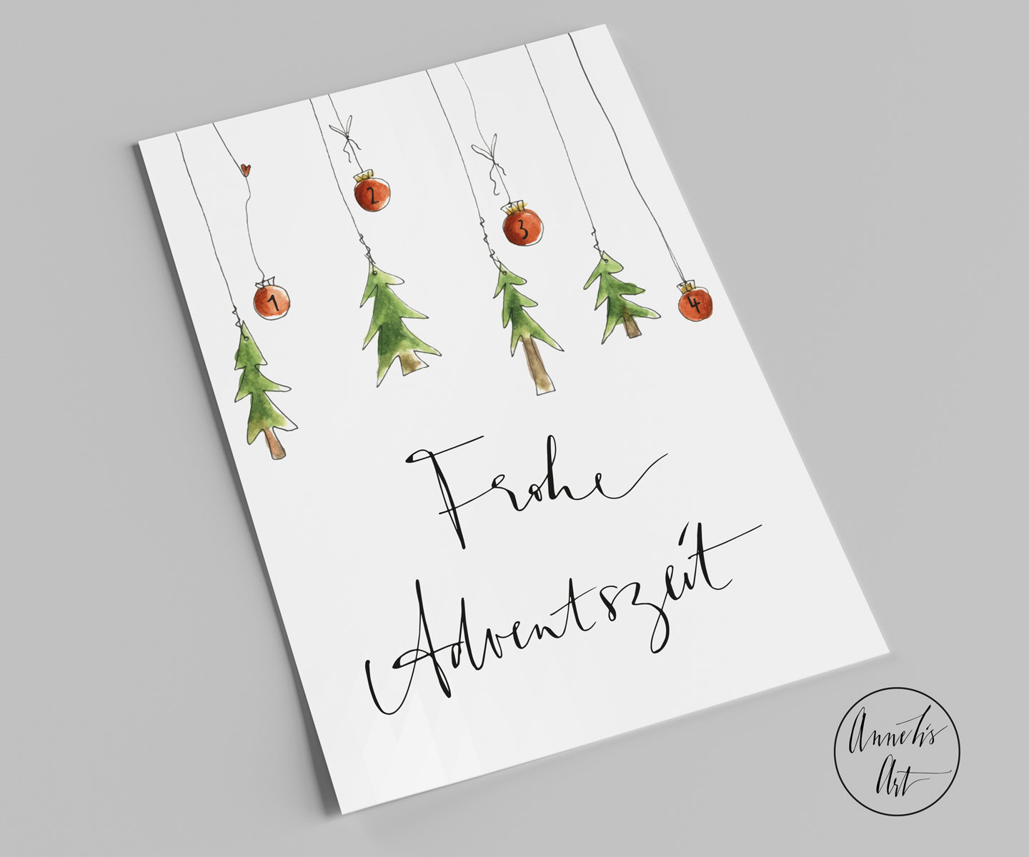 Frohe Adventszeit  | Adventskarte mit Bäumen und Kugeln