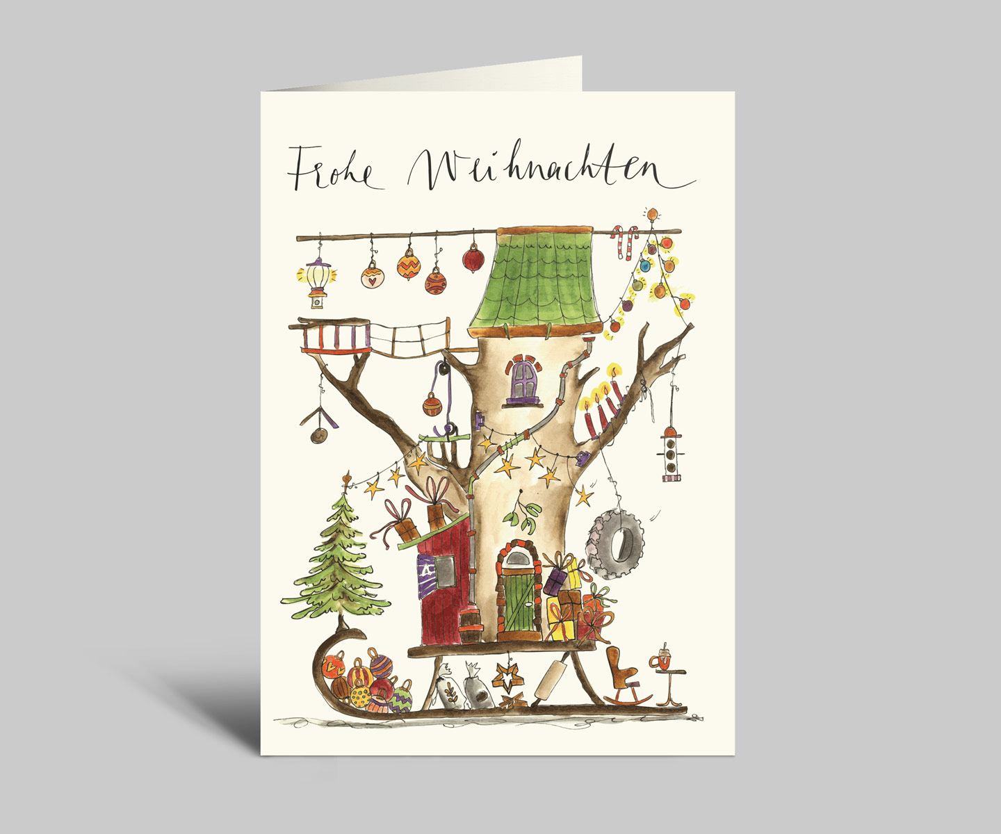 Weihnachtskarte | geschmückter BaumHausSchlitten | Frohe Weihnachten | Klappkarte mit Umschlag
