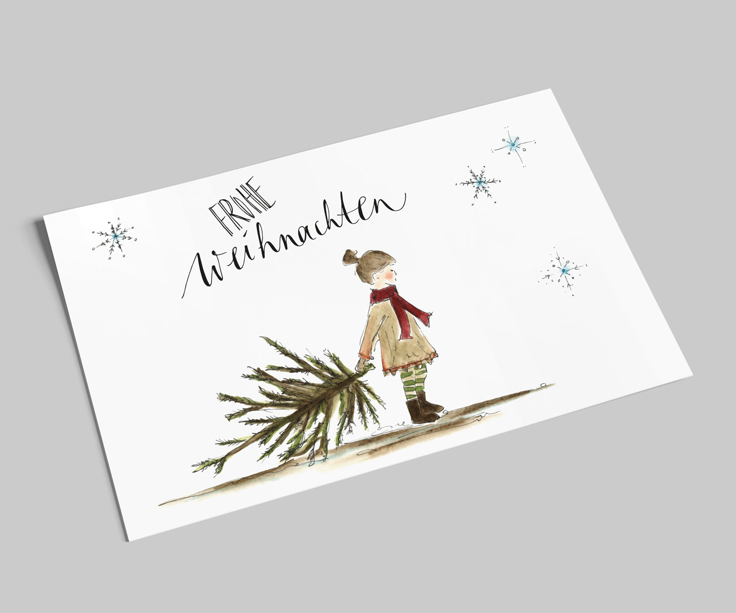 Weihnachtskarte | Süßes Mädchen mit kleiner Tanne | Frohe Weihnachten | Postkarte Weihnachten