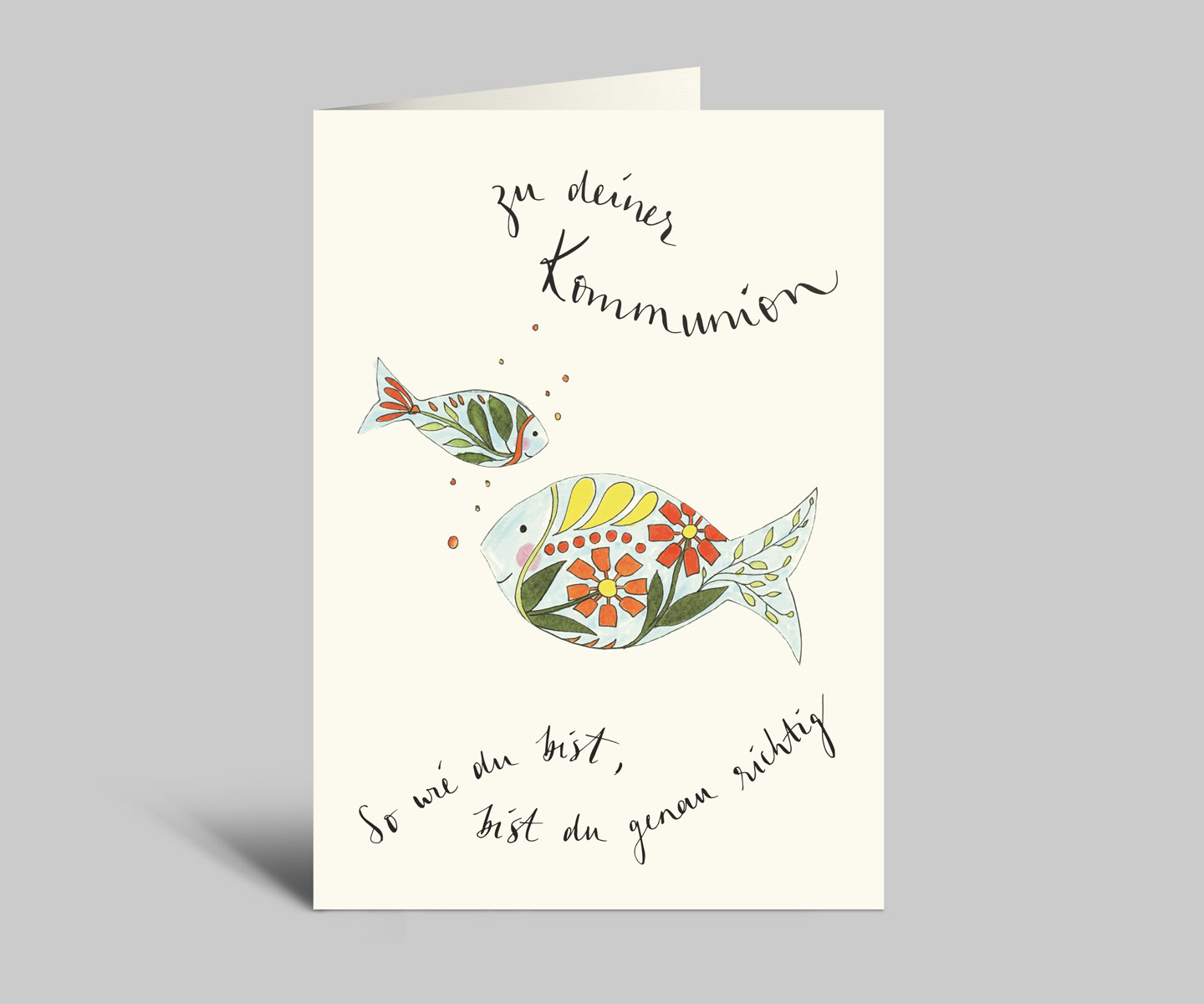 Karte zur Kommunion | Bunt illustrierte Fische | So wie du bist, bist du genau richtig | Klappkarte