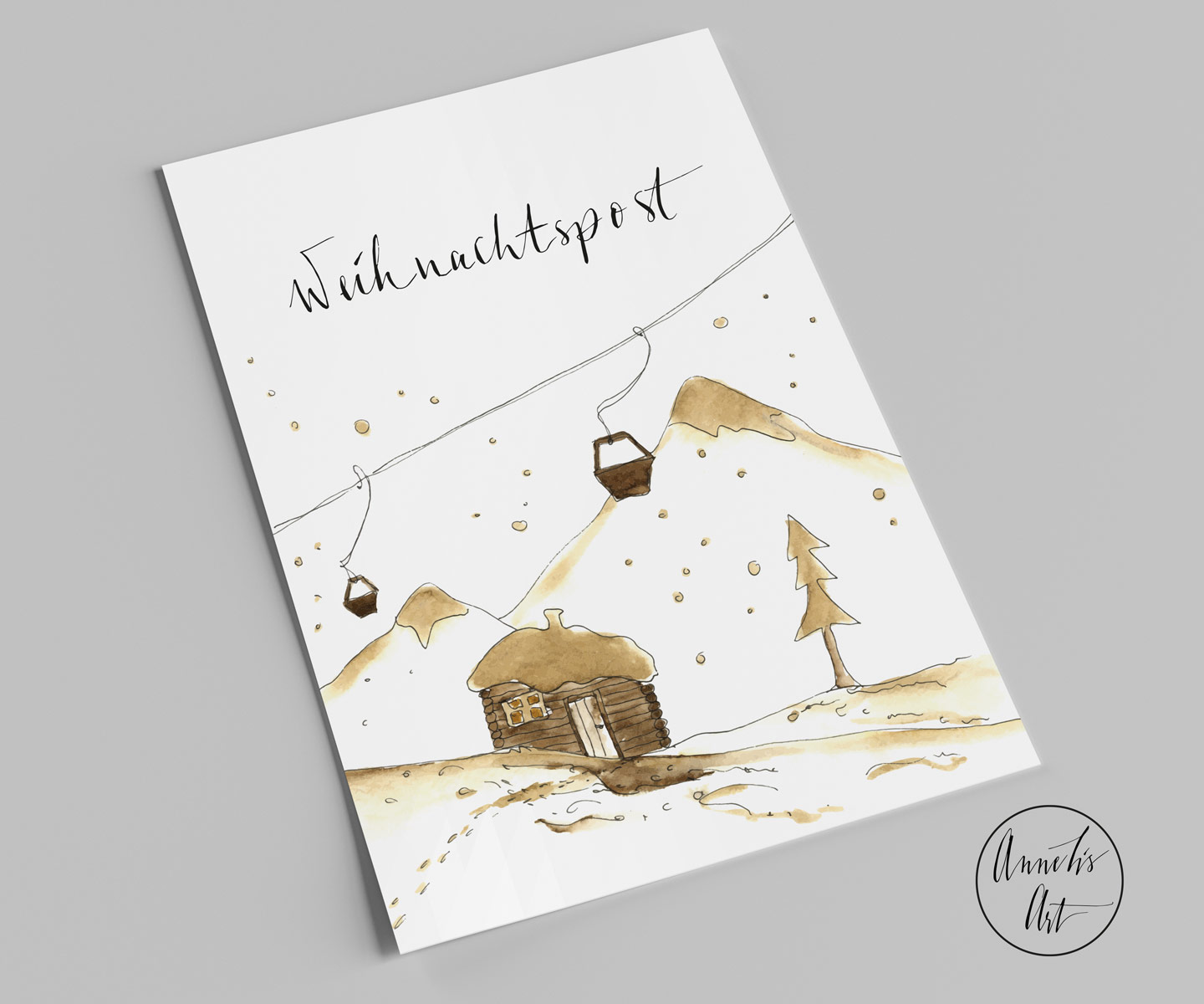 Postkarte | Weihnachtskarte | Blockhütte und Skilift