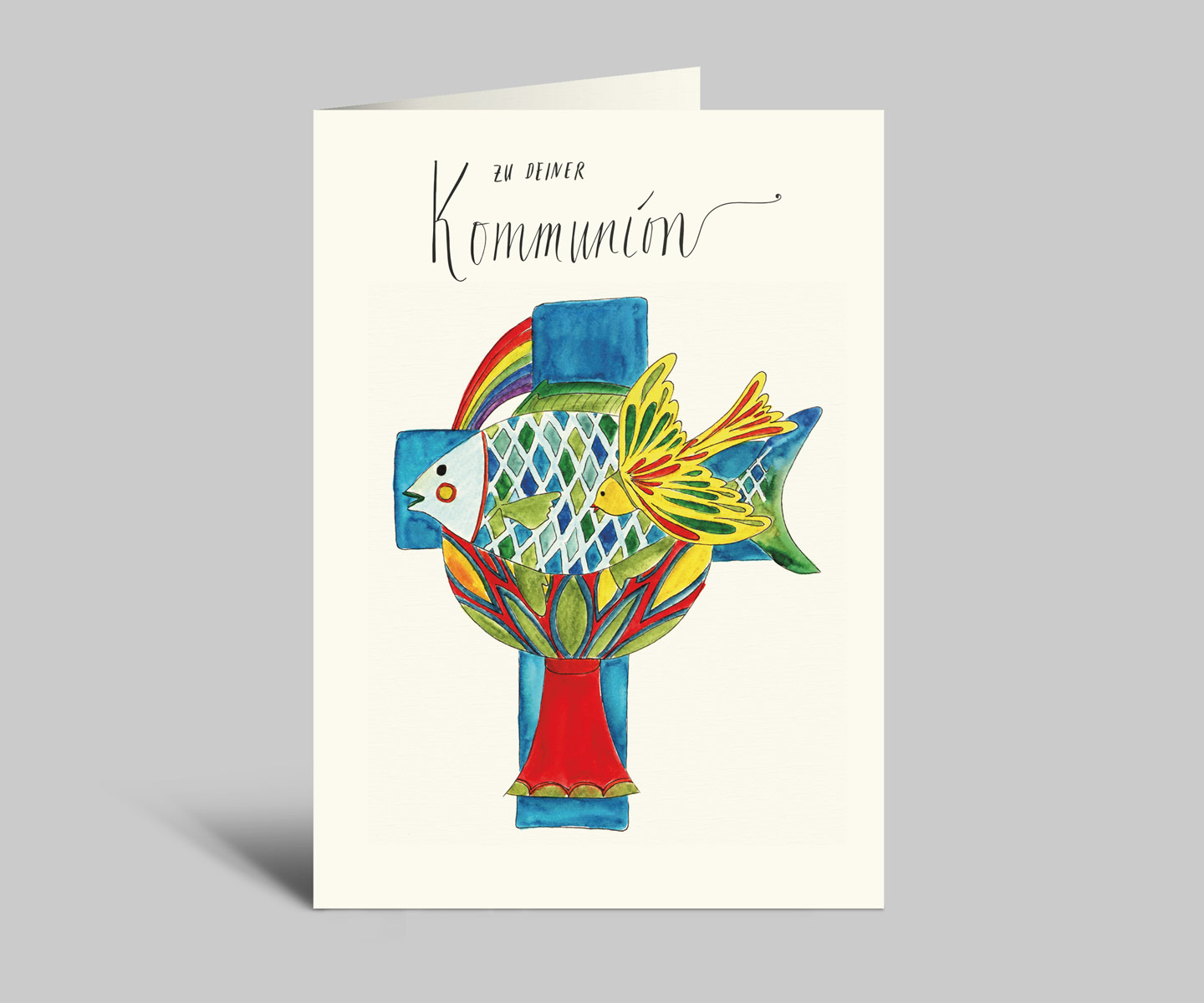 Karte zur Kommunion | bunter Fisch, Vogel und Kreuz | Zu deiner Kommunion | Aquarellkarte mit Umschlag