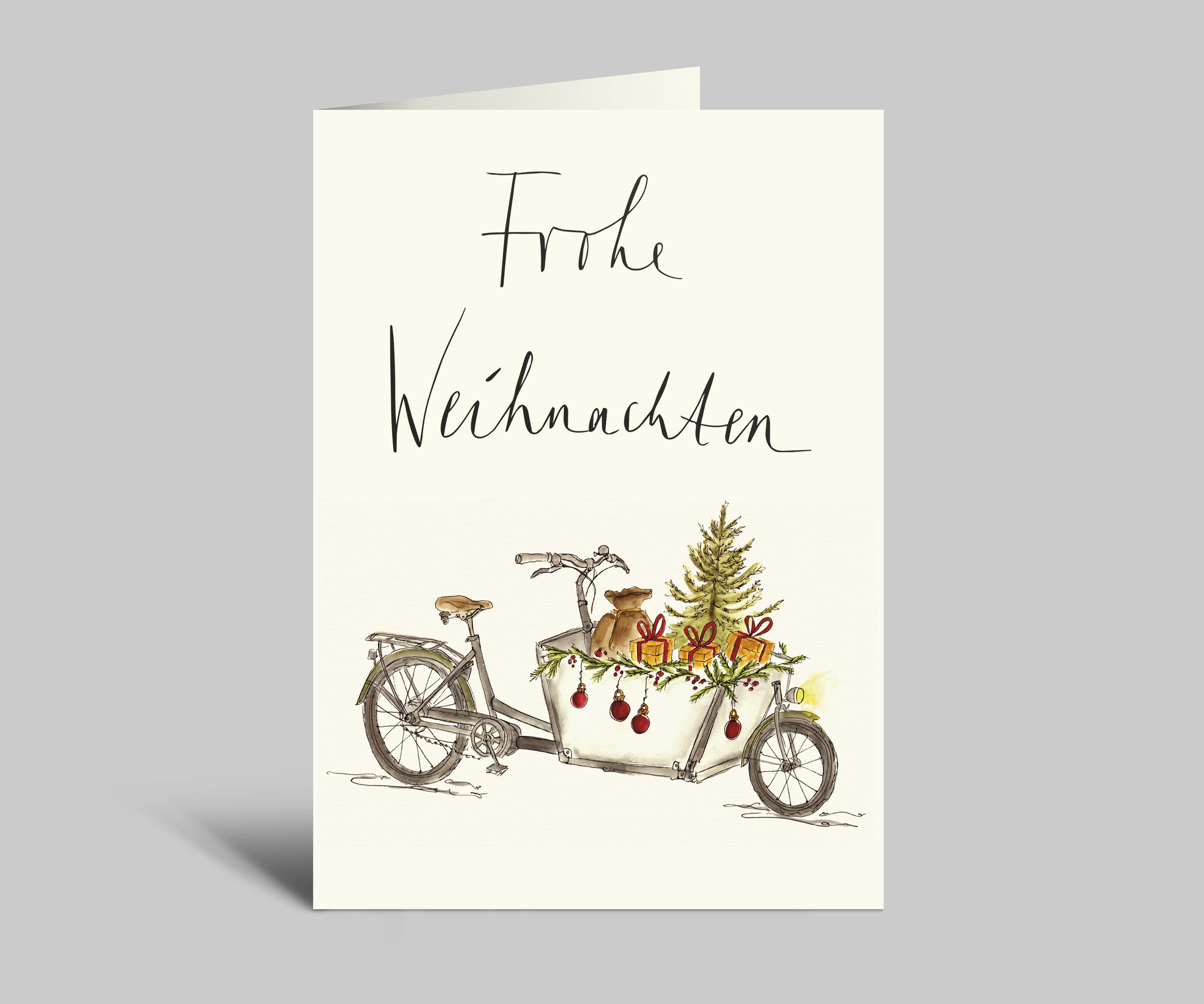 Weihnachtskarte | Lastenrad mit Weihnachtsbaum | Fahrrad Weihnachtsgrüße | Frohe Weihnachten | Aquarellkarte mit Umschlag