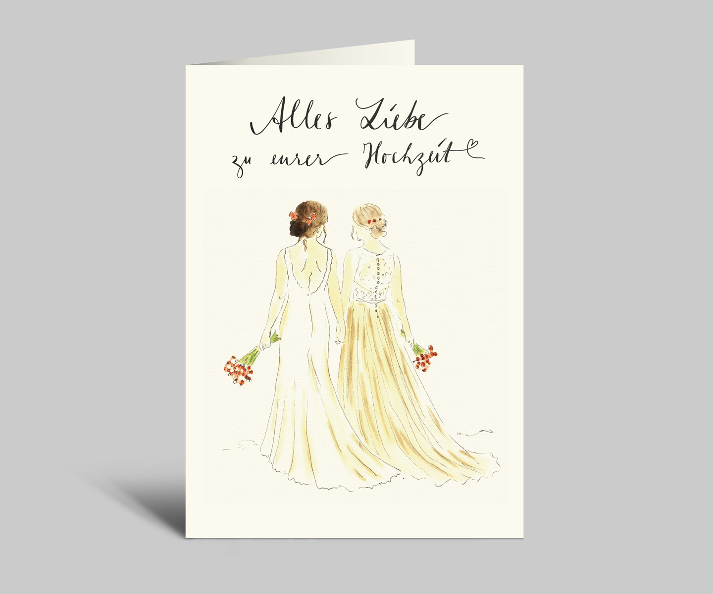 Hochzeitskarte | Zwei Frauen im Hochzeitskleid | Alles Liebe zu eurer Hochzeit | Aquarellkarte mit Umschlag
