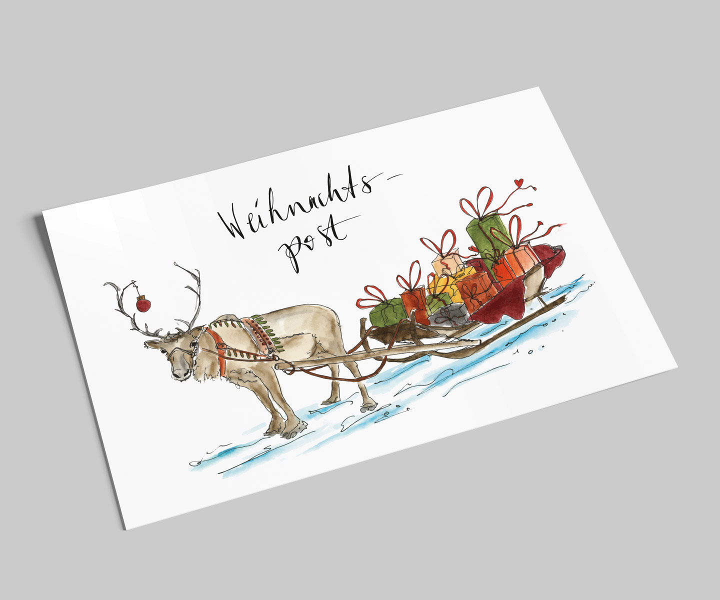 Weihnachtskarte | Rentier mit Schlitten voller Geschenke | Weihnachtspost | Postkarte Weihnachten 