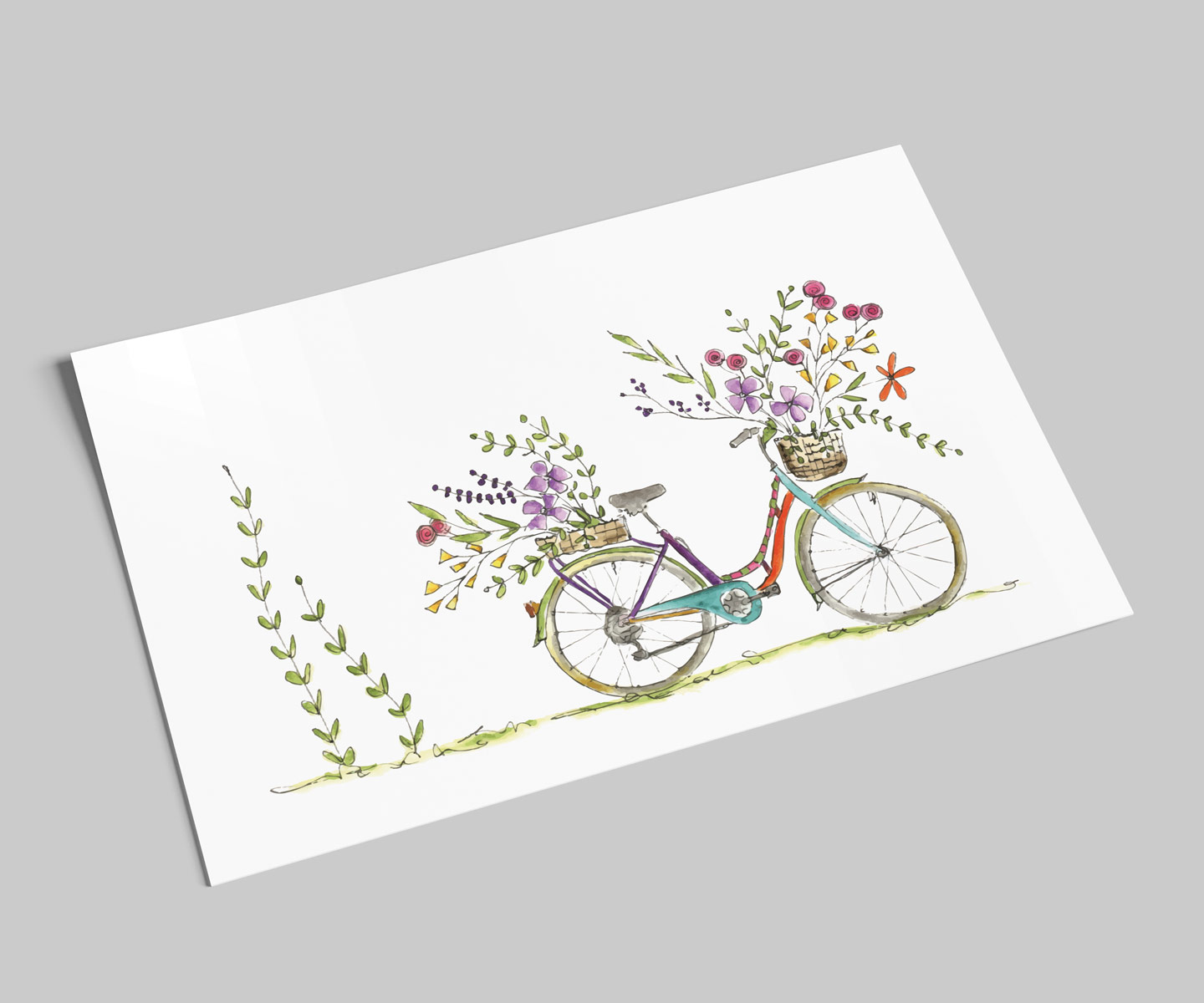 Postkarte | Buntes Blumenfahrrad | Sommerliche Fahrradkarte | Aquarellillustration