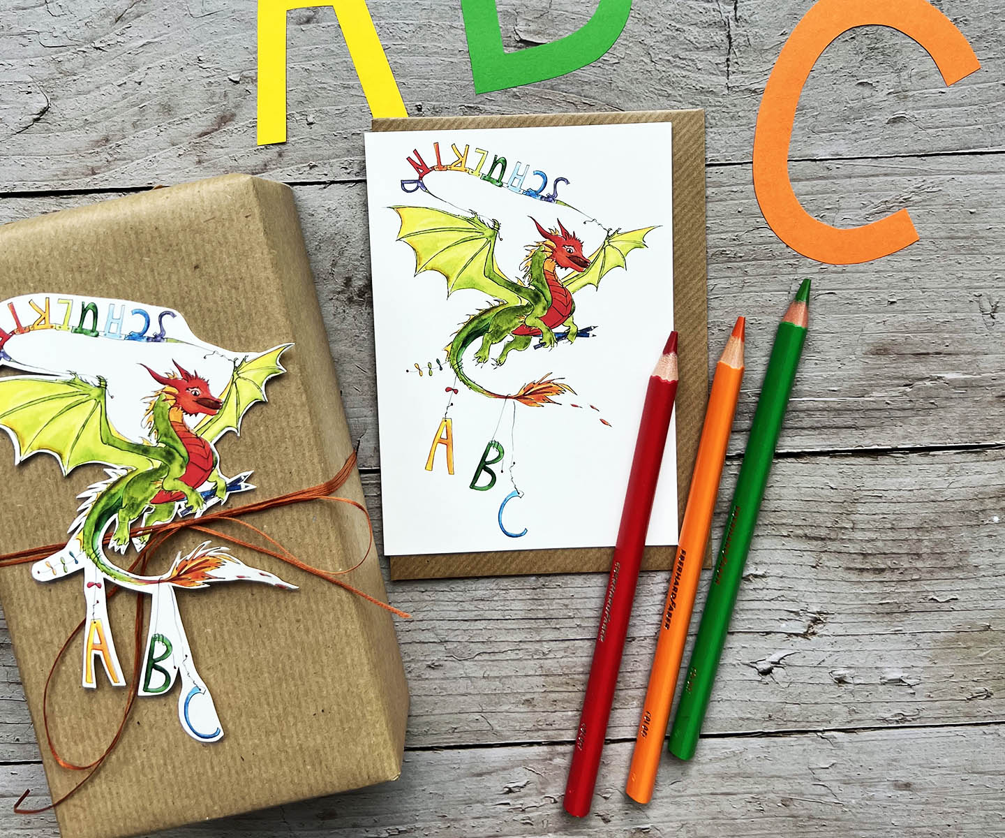 Klappkarte zur Einschulung | mächtiger bunter Drache | Schulkind | Einschulungskarte mit Umschlag