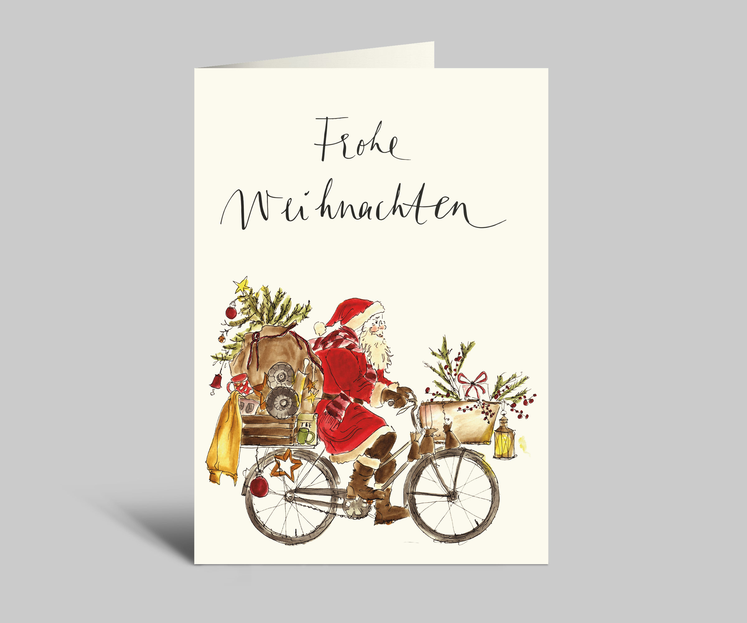 Weihnachtskarte | Weihnachtsmann auf Fahrrad | Weihnachtsgeschenke und Dekorationen | Frohe Weihnachten | Aquarellkarte mit Umschlag