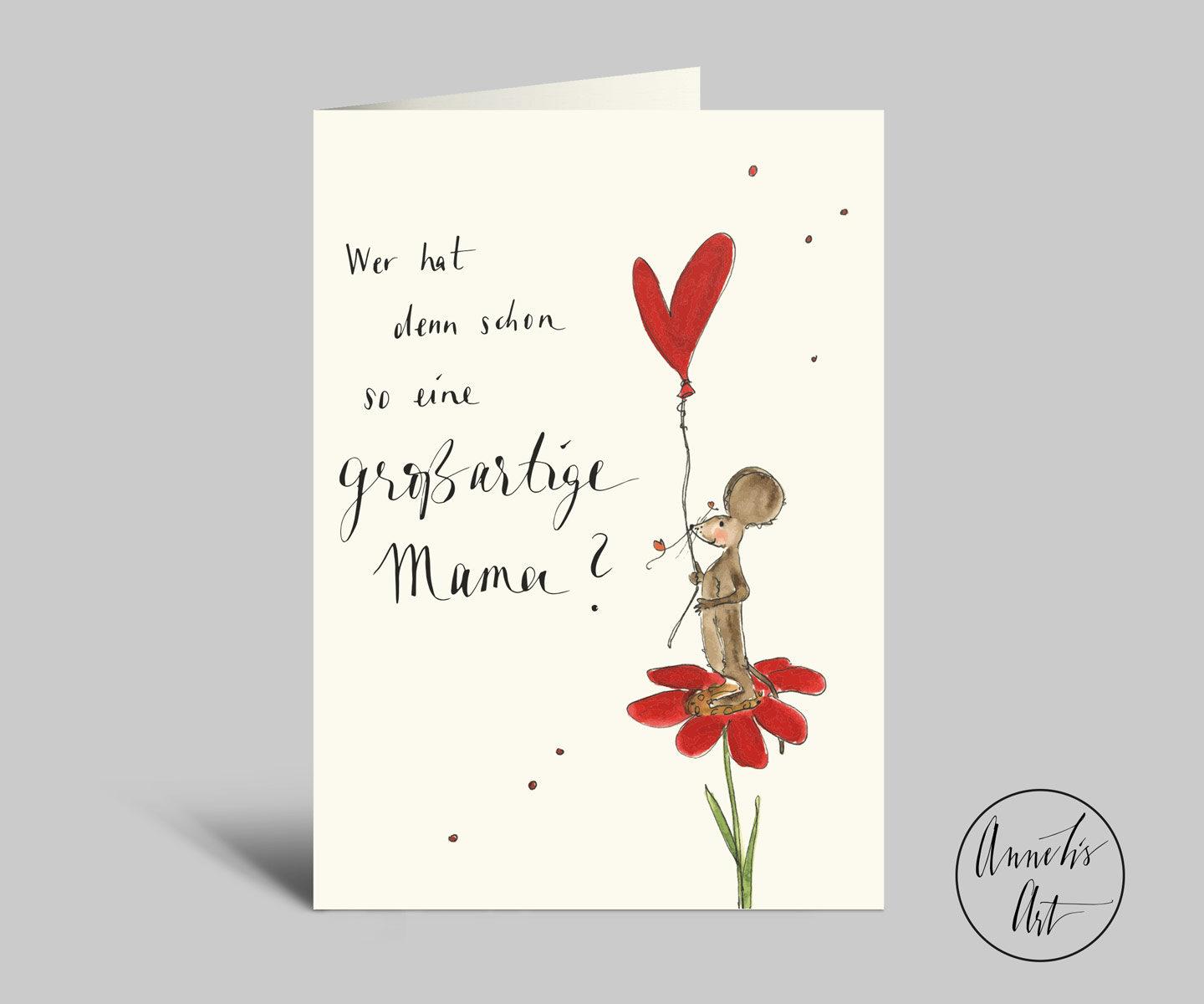Karte zum Muttertag mit Herz, Blume, Maus und Spruch| Klappkarte DIN A6