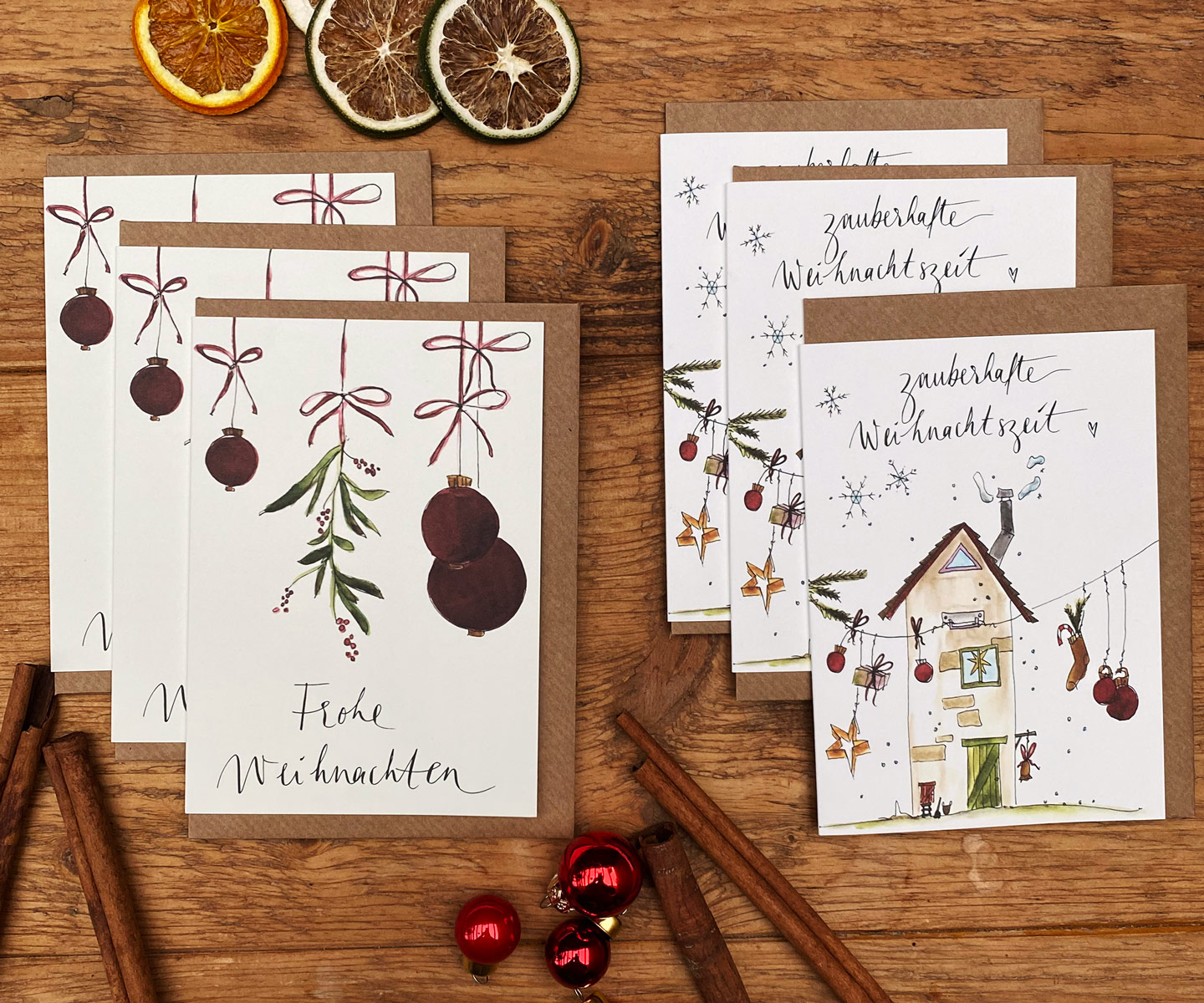 Weihnachtskarten 6er-Pack | gemütliche Weihnachtszeit | 3 x  "Zauberhafte Weihnachtszeit und 3 x "Frohe Weihnachten | mit Umschlägen